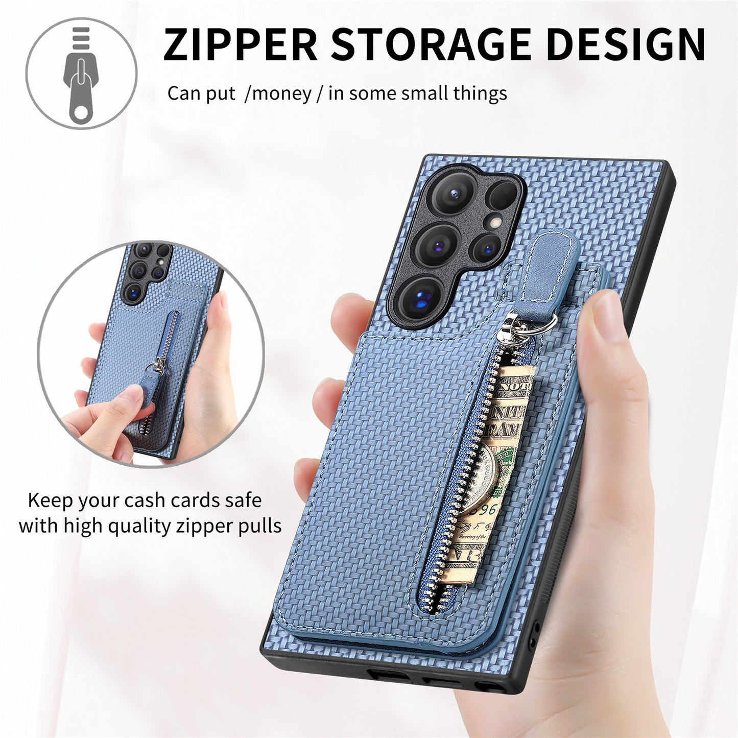 For Samsung Galaxy S24 Ultra Case Zipper Pocket Kickstand Phone Cover - Blue