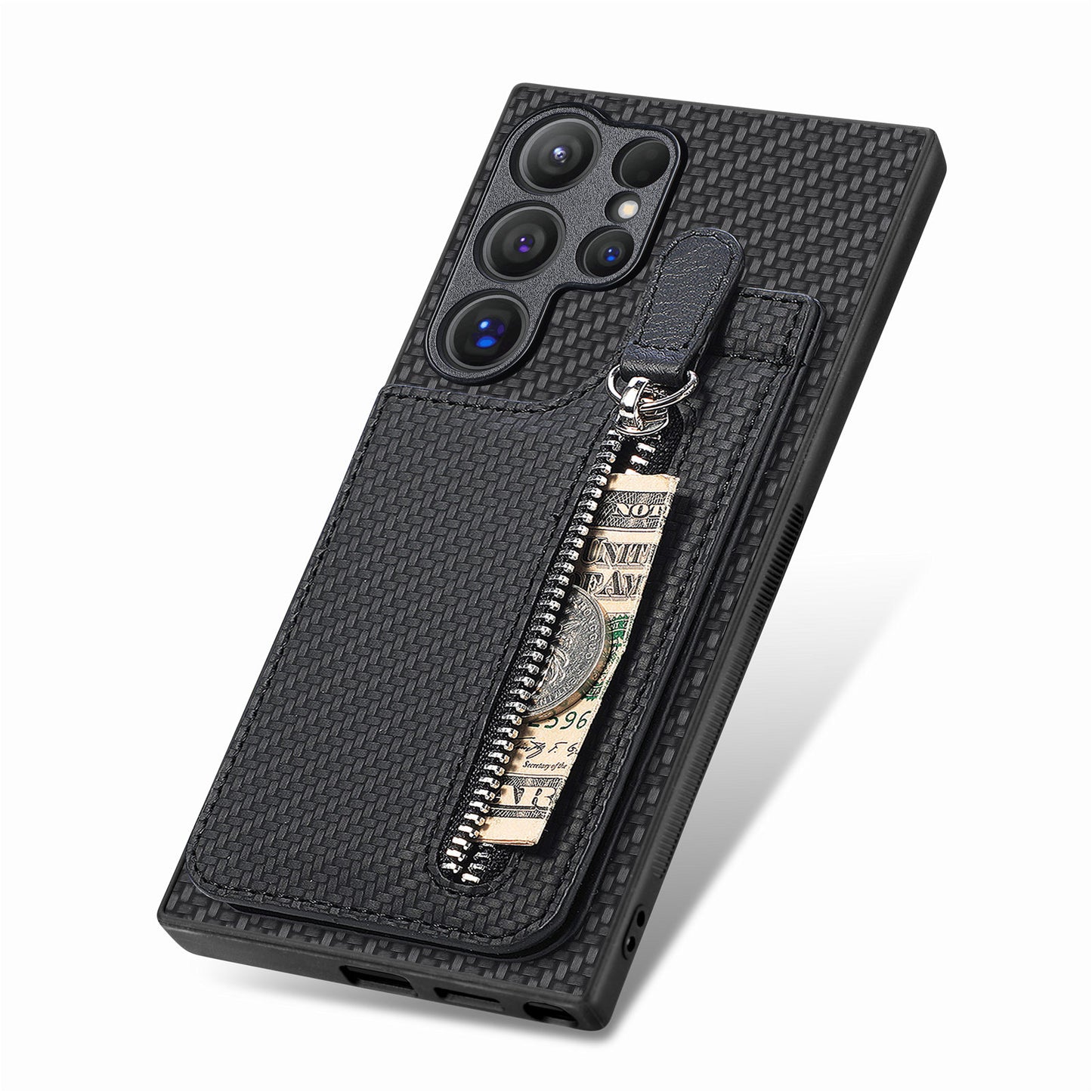 For Samsung Galaxy S24 Ultra Case Zipper Pocket Kickstand Phone Cover - Black