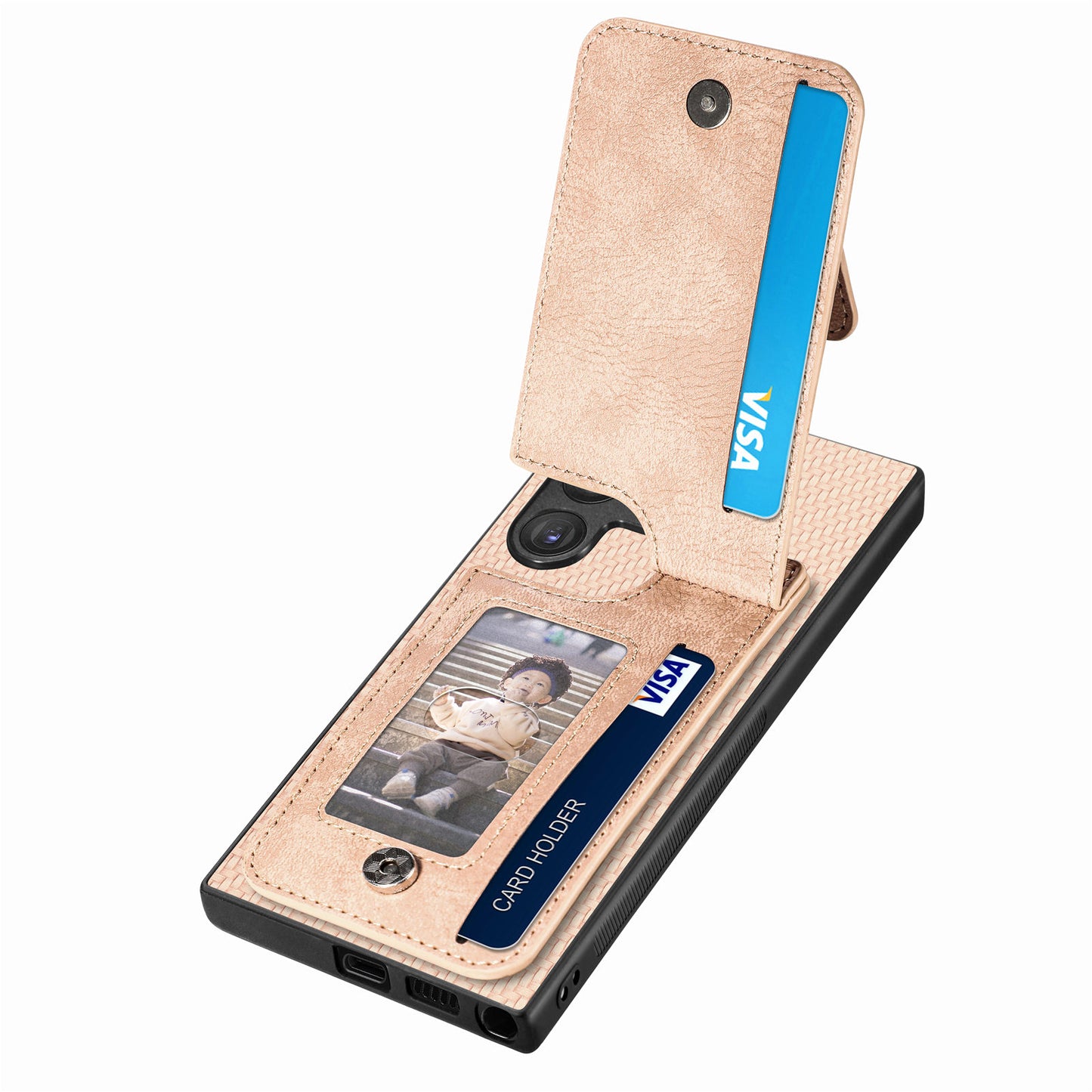 For Samsung Galaxy S24 Ultra Case Zipper Pocket Kickstand Phone Cover - Apricot