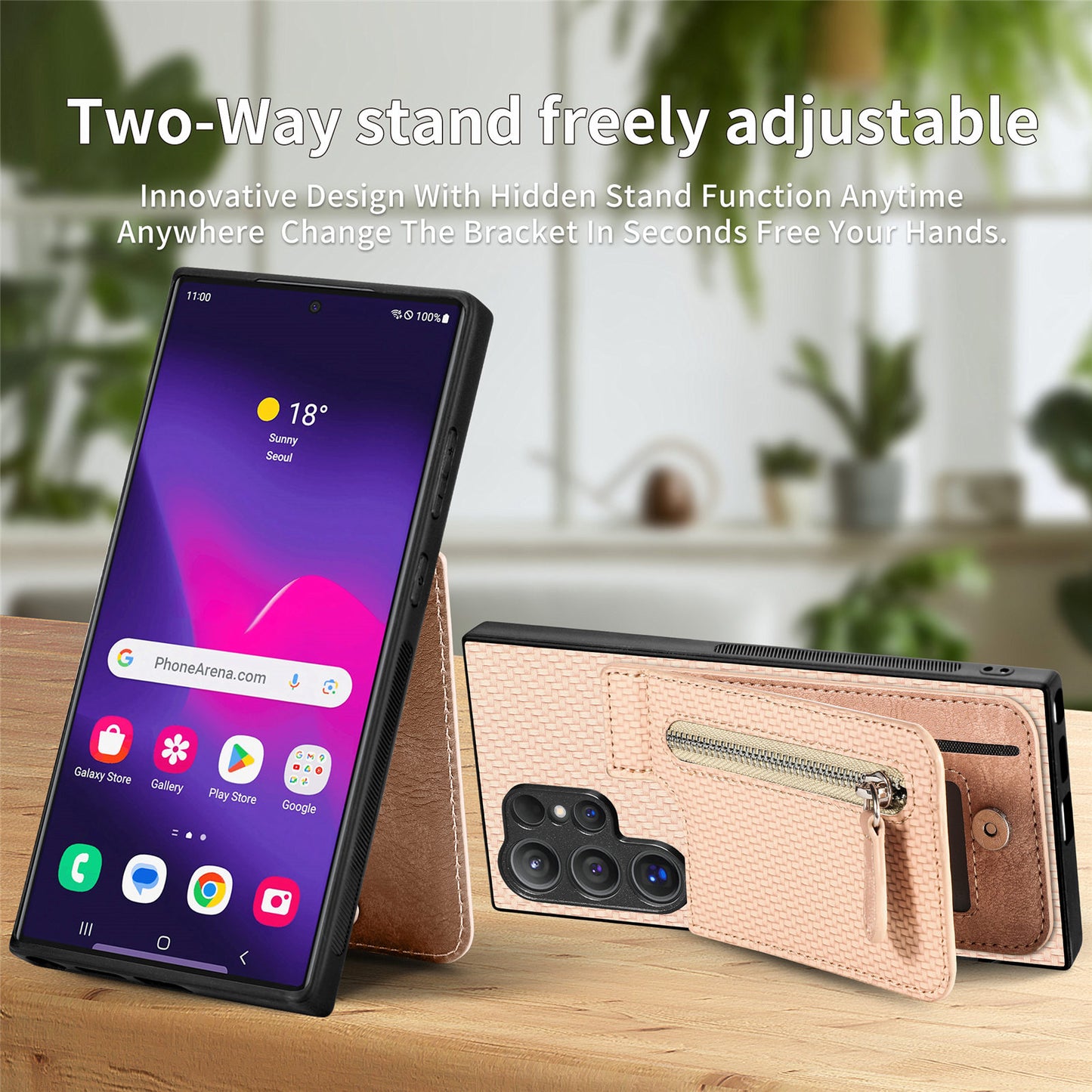 For Samsung Galaxy S24 Ultra Case Zipper Pocket Kickstand Phone Cover - Apricot