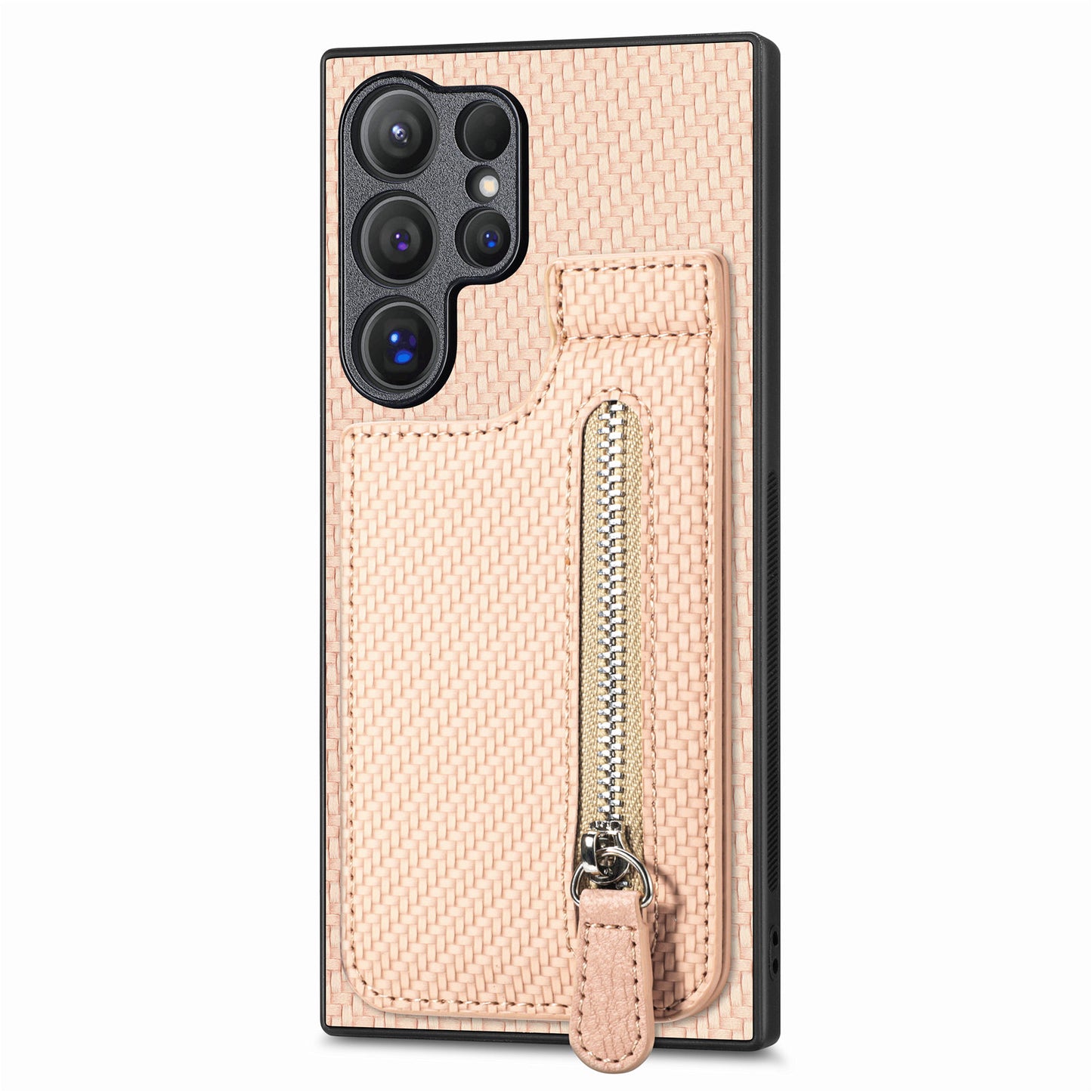 For Samsung Galaxy S24 Ultra Case Zipper Pocket Kickstand Phone Cover - Apricot