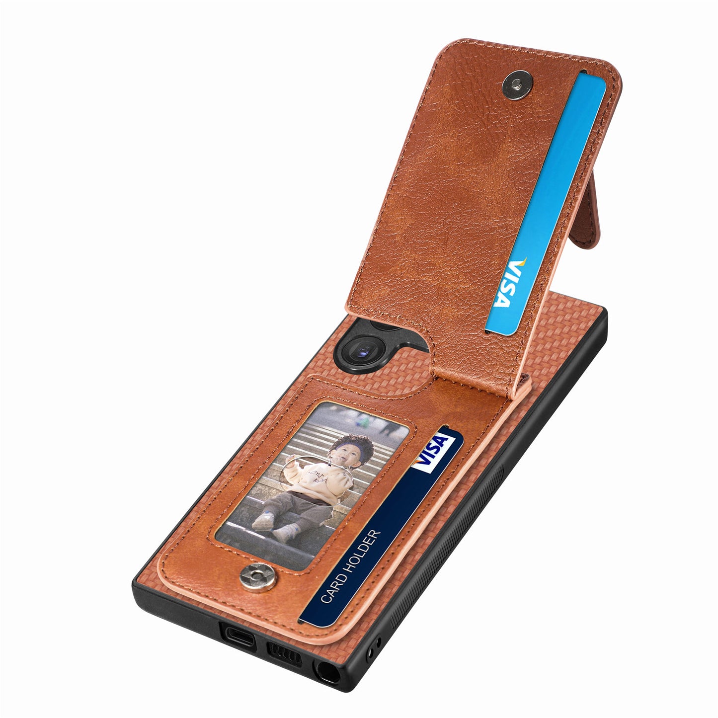 For Samsung Galaxy S24 Ultra Case Zipper Pocket Kickstand Phone Cover - Brown