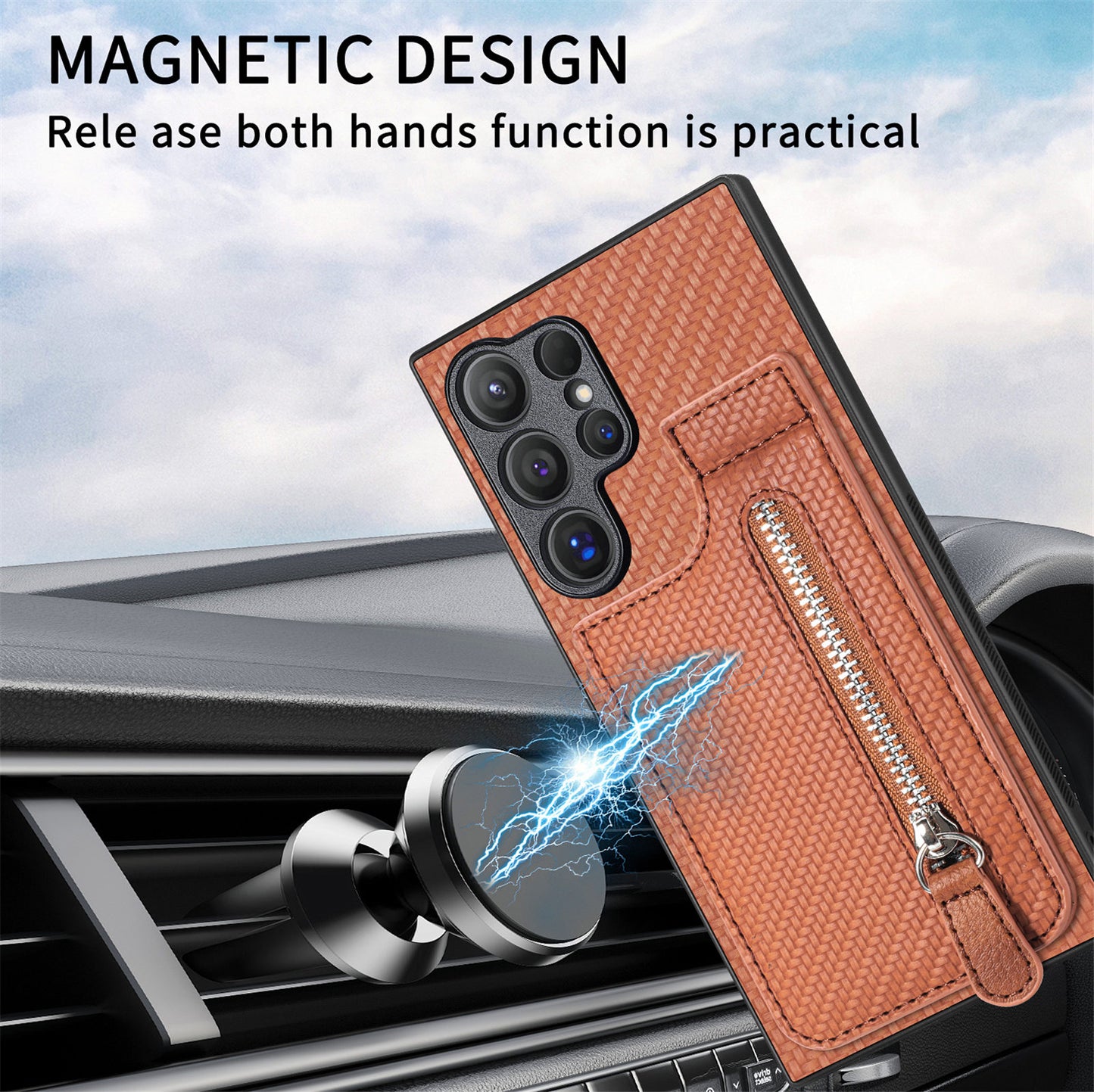 For Samsung Galaxy S24 Ultra Case Zipper Pocket Kickstand Phone Cover - Brown