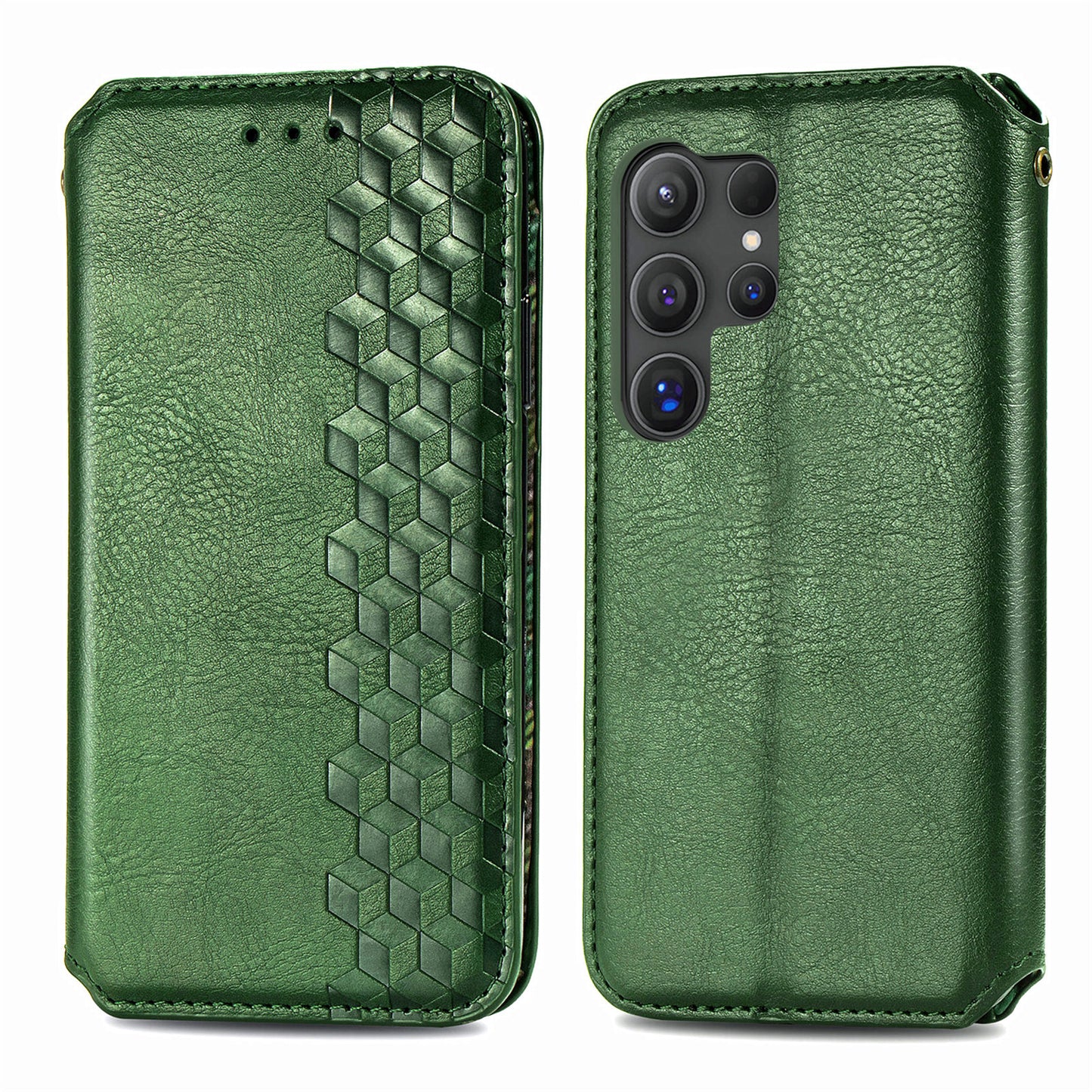 For Samsung Galaxy S24 Ultra Case Rhombus Pattern Wallet Stand Phone Cover - Green