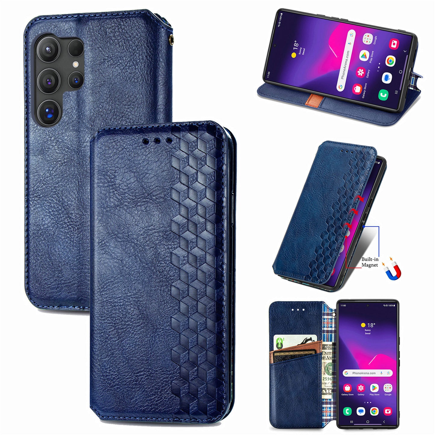 For Samsung Galaxy S24 Ultra Case Rhombus Pattern Wallet Stand Phone Cover - Blue
