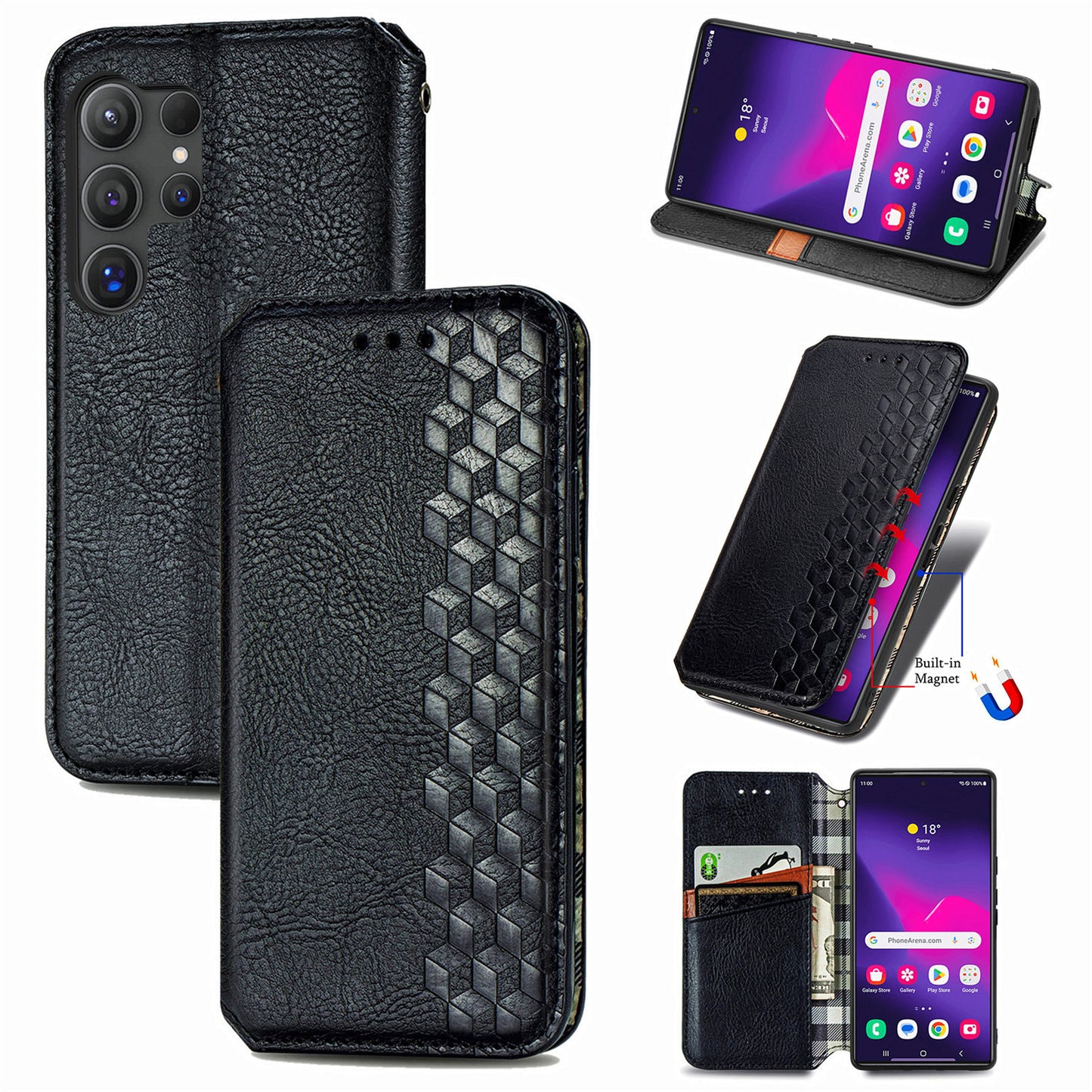 For Samsung Galaxy S24 Ultra Case Rhombus Pattern Wallet Stand Phone Cover - Black