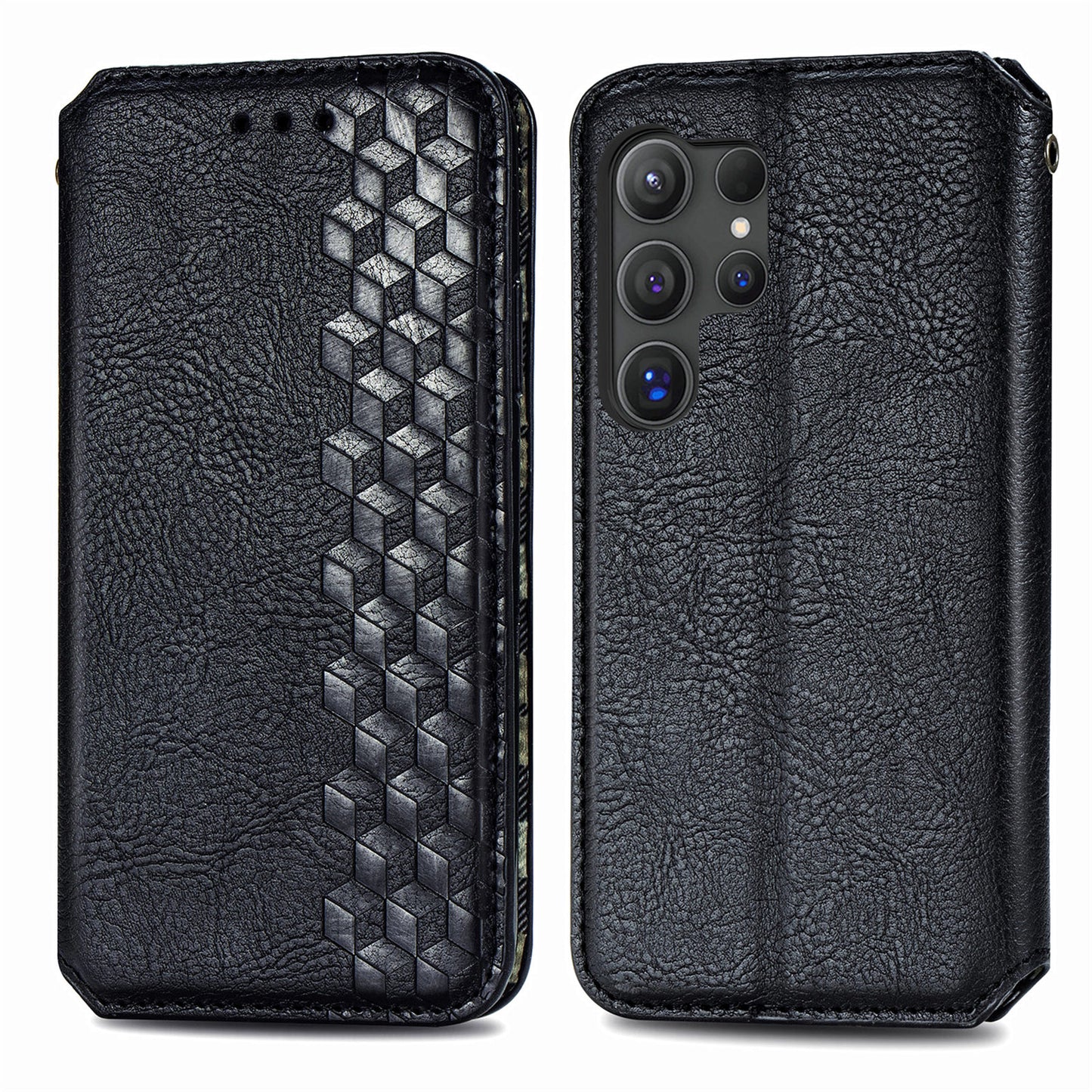 For Samsung Galaxy S24 Ultra Case Rhombus Pattern Wallet Stand Phone Cover - Black
