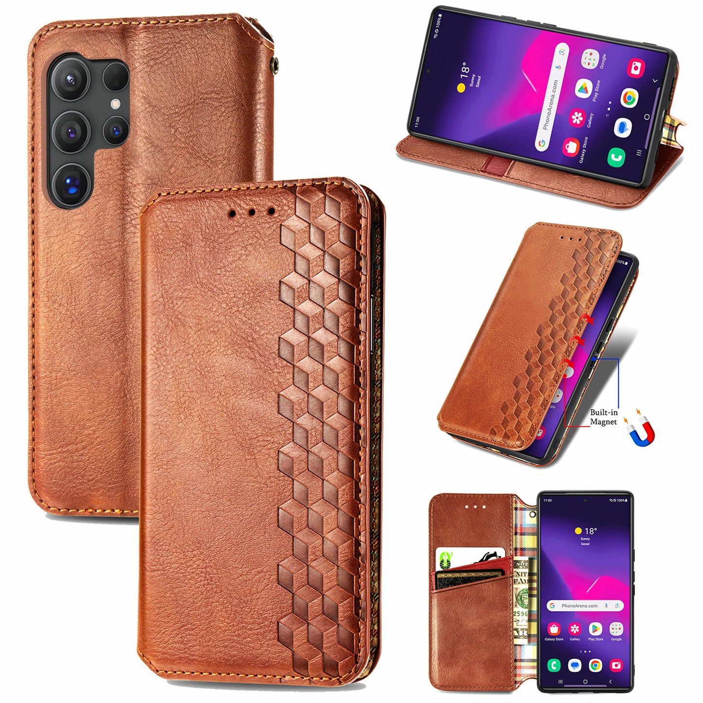 For Samsung Galaxy S24 Ultra Case Rhombus Pattern Wallet Stand Phone Cover - Brown