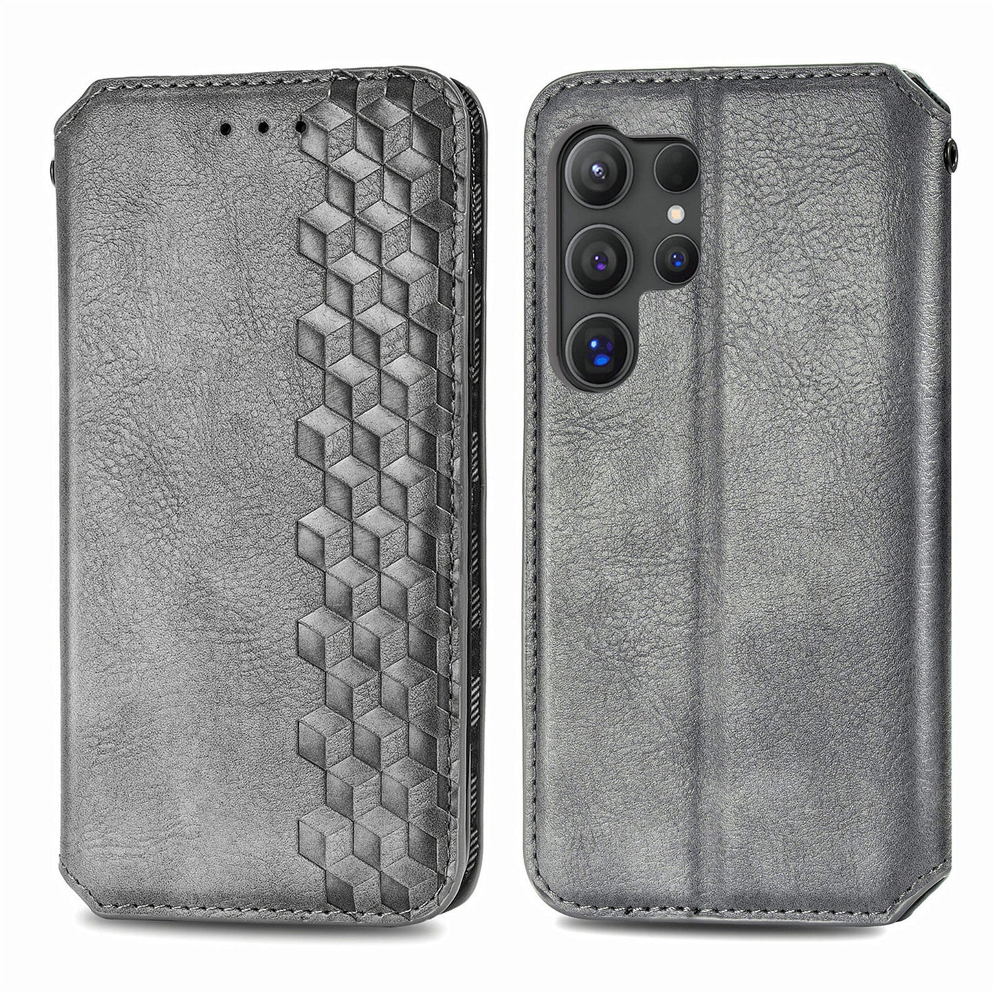 For Samsung Galaxy S24 Ultra Case Rhombus Pattern Wallet Stand Phone Cover - Grey