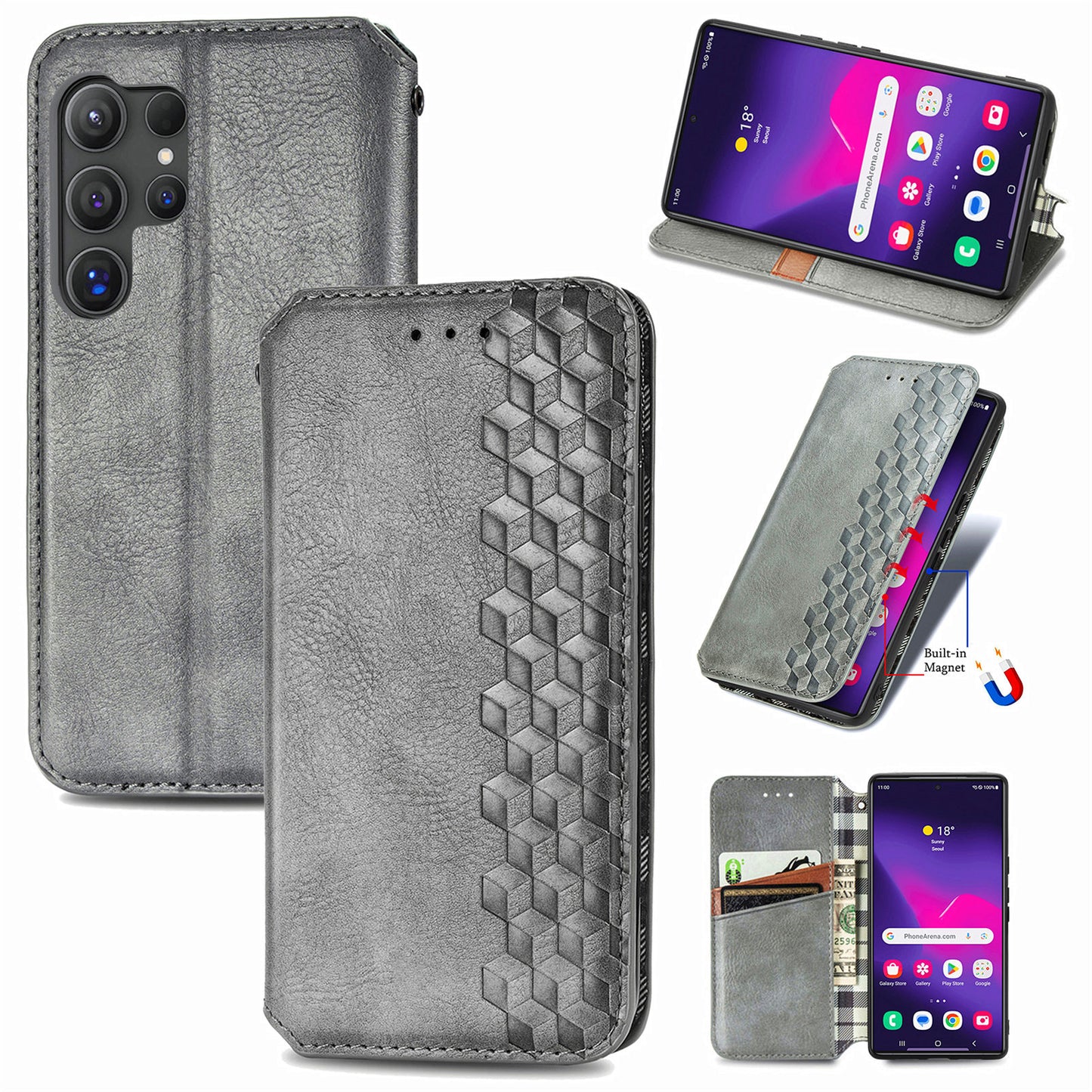 For Samsung Galaxy S24 Ultra Case Rhombus Pattern Wallet Stand Phone Cover - Grey