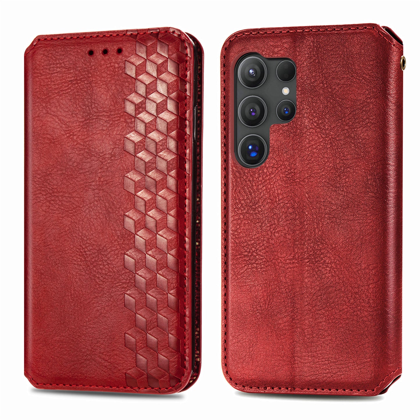 For Samsung Galaxy S24 Ultra Case Rhombus Pattern Wallet Stand Phone Cover - Red