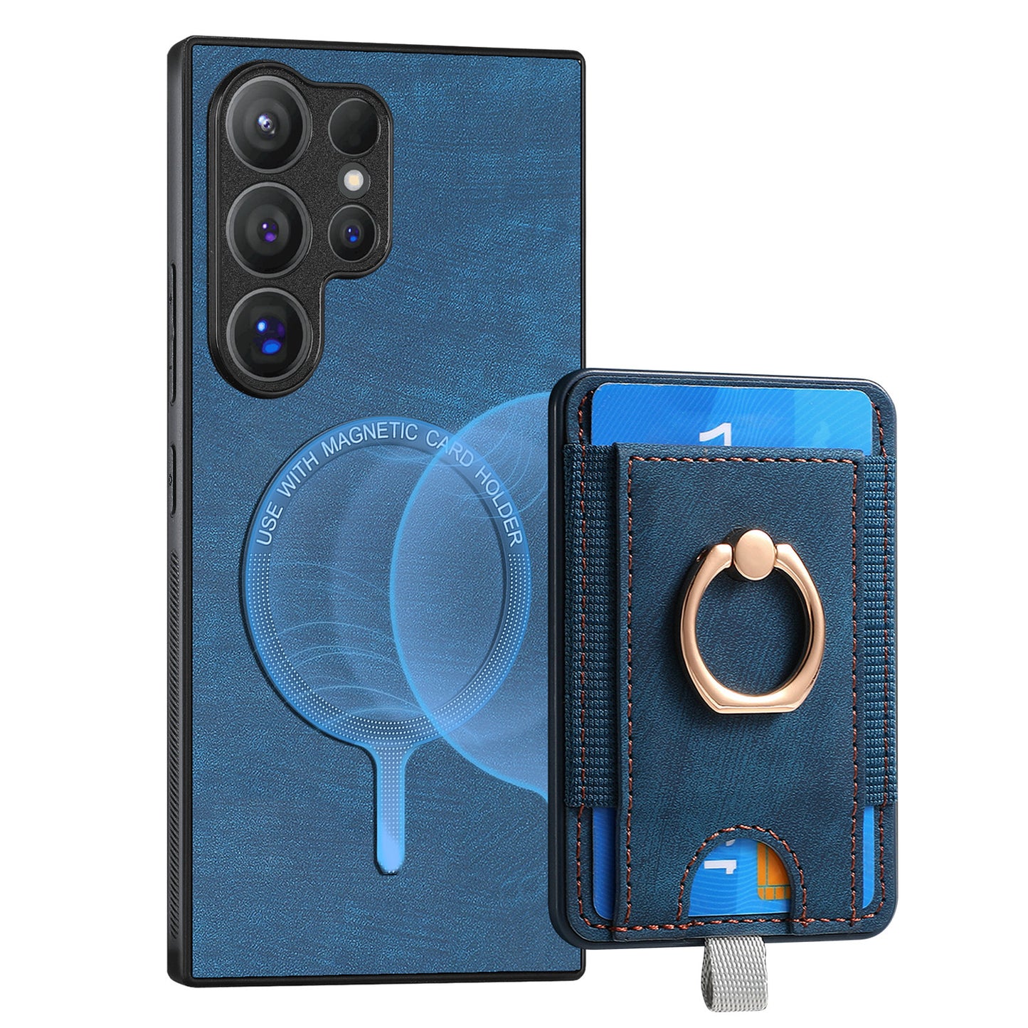 D7 For Samsung Galaxy S24 Ultra Case Ring Kickstand Phone Cover with Detachable Card Bag - Blue