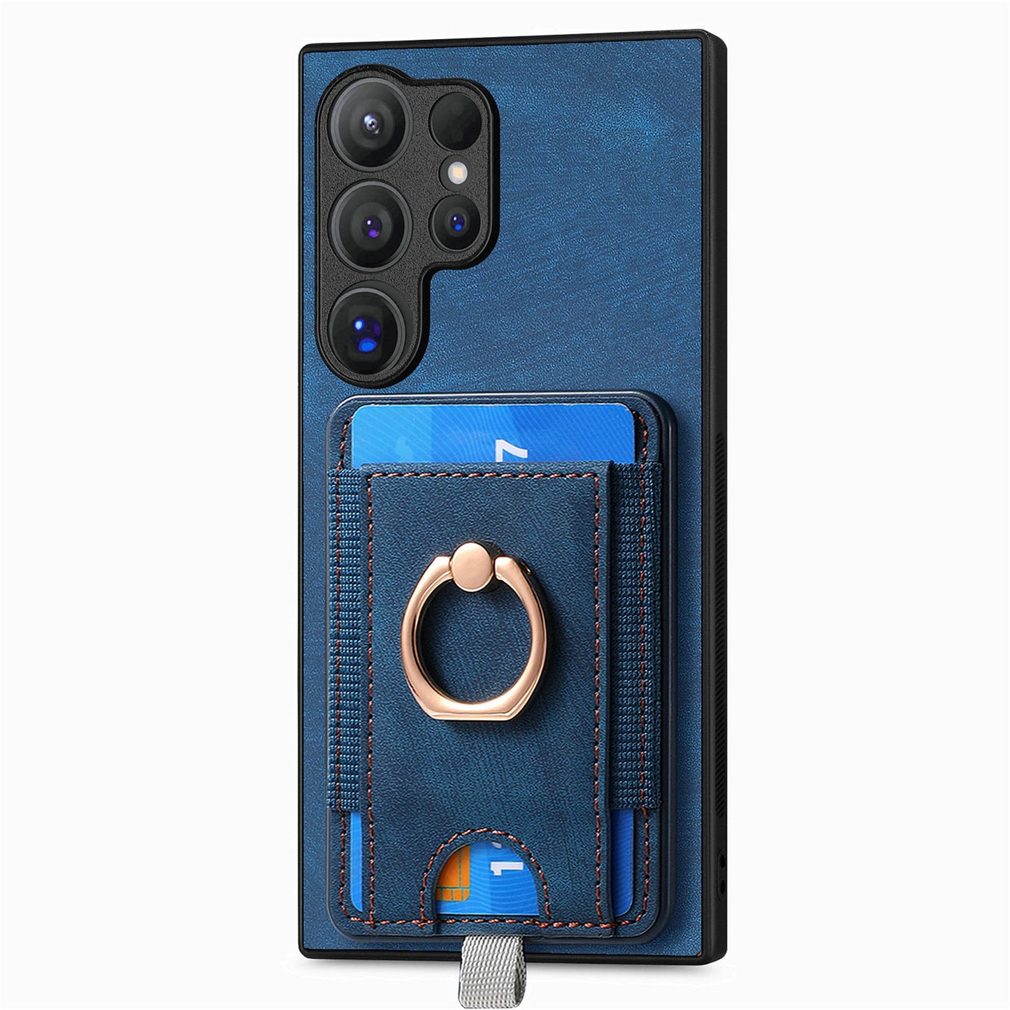 D7 For Samsung Galaxy S24 Ultra Case Ring Kickstand Phone Cover with Detachable Card Bag - Blue