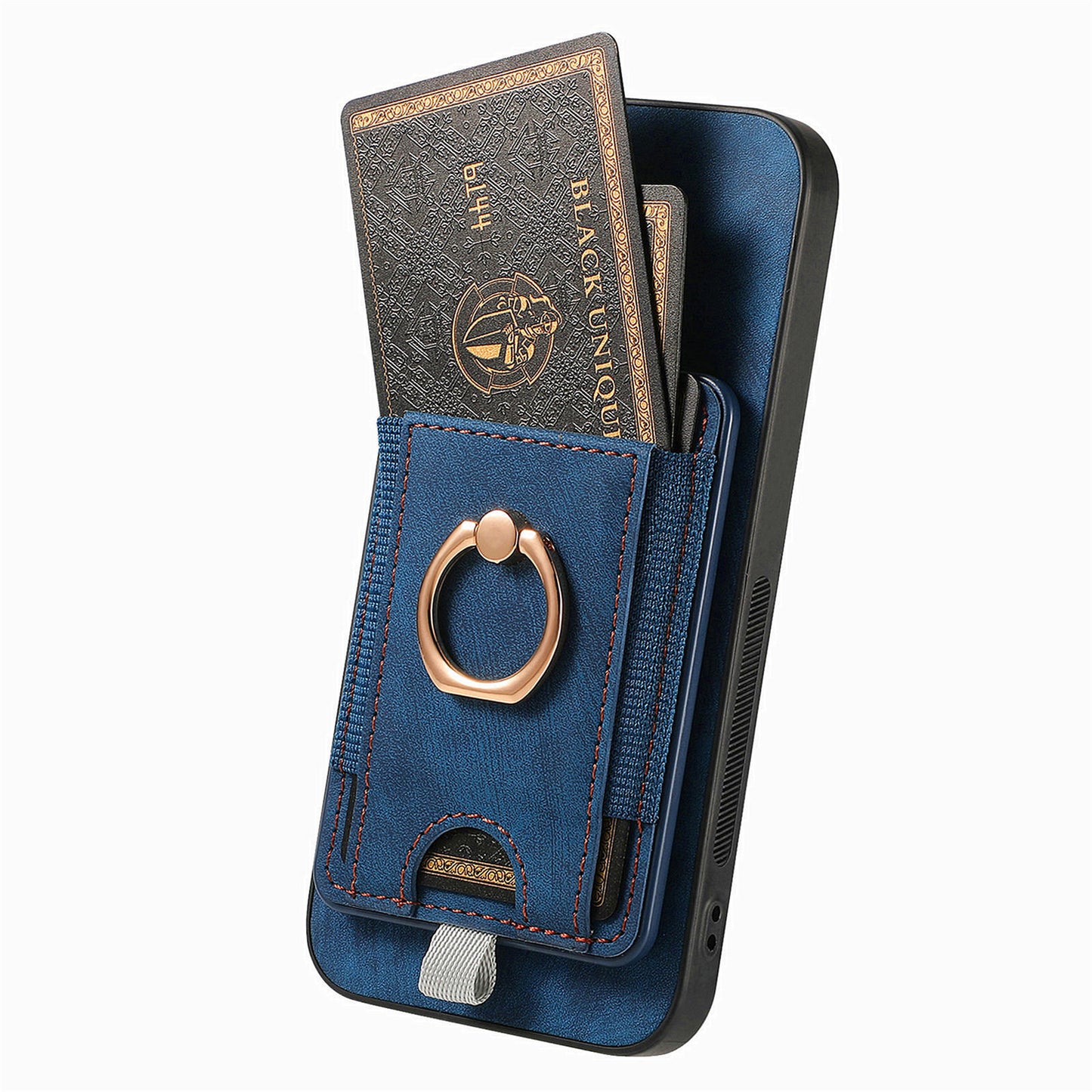 D7 For Samsung Galaxy S24 Ultra Case Ring Kickstand Phone Cover with Detachable Card Bag - Blue
