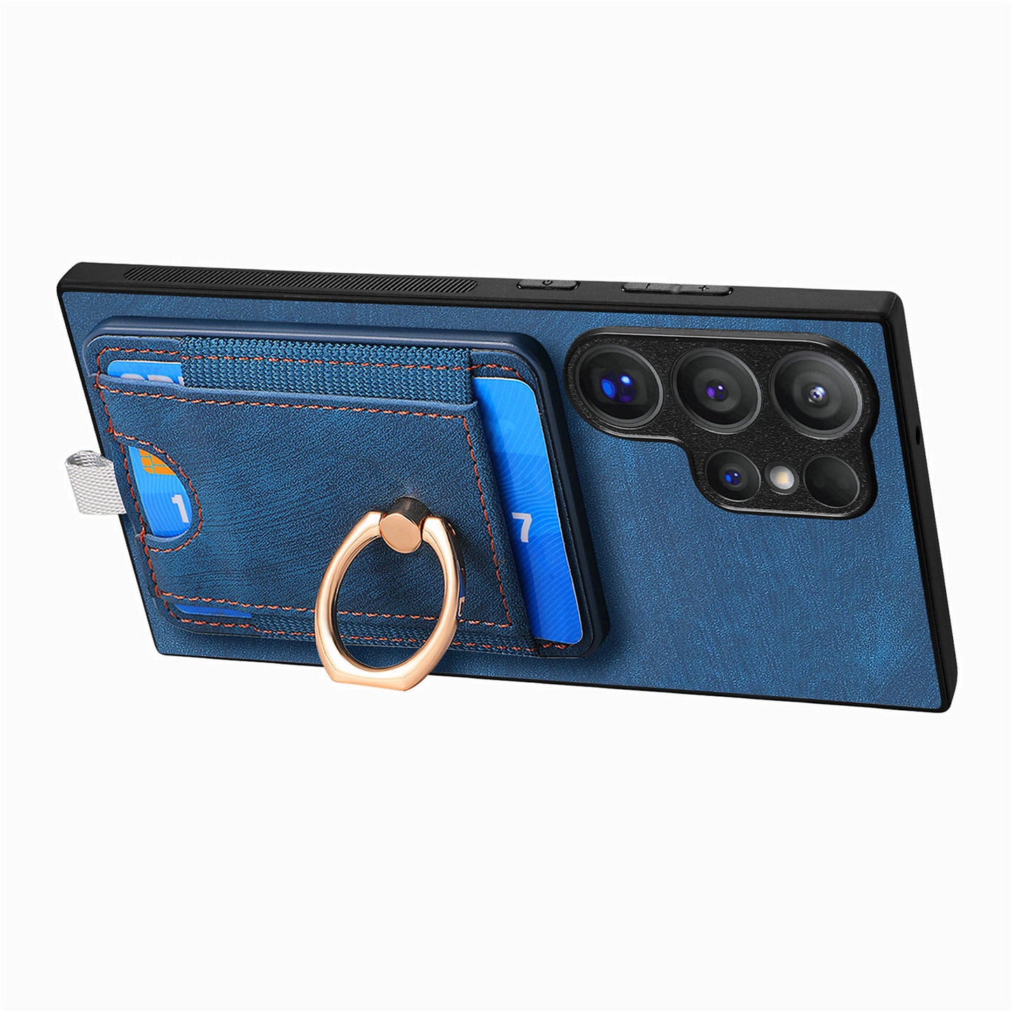 D7 For Samsung Galaxy S24 Ultra Case Ring Kickstand Phone Cover with Detachable Card Bag - Blue