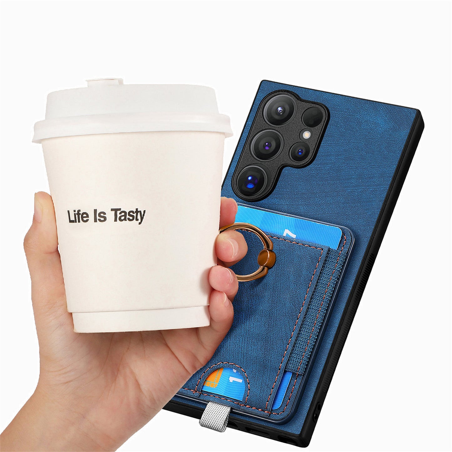 D7 For Samsung Galaxy S24 Ultra Case Ring Kickstand Phone Cover with Detachable Card Bag - Blue