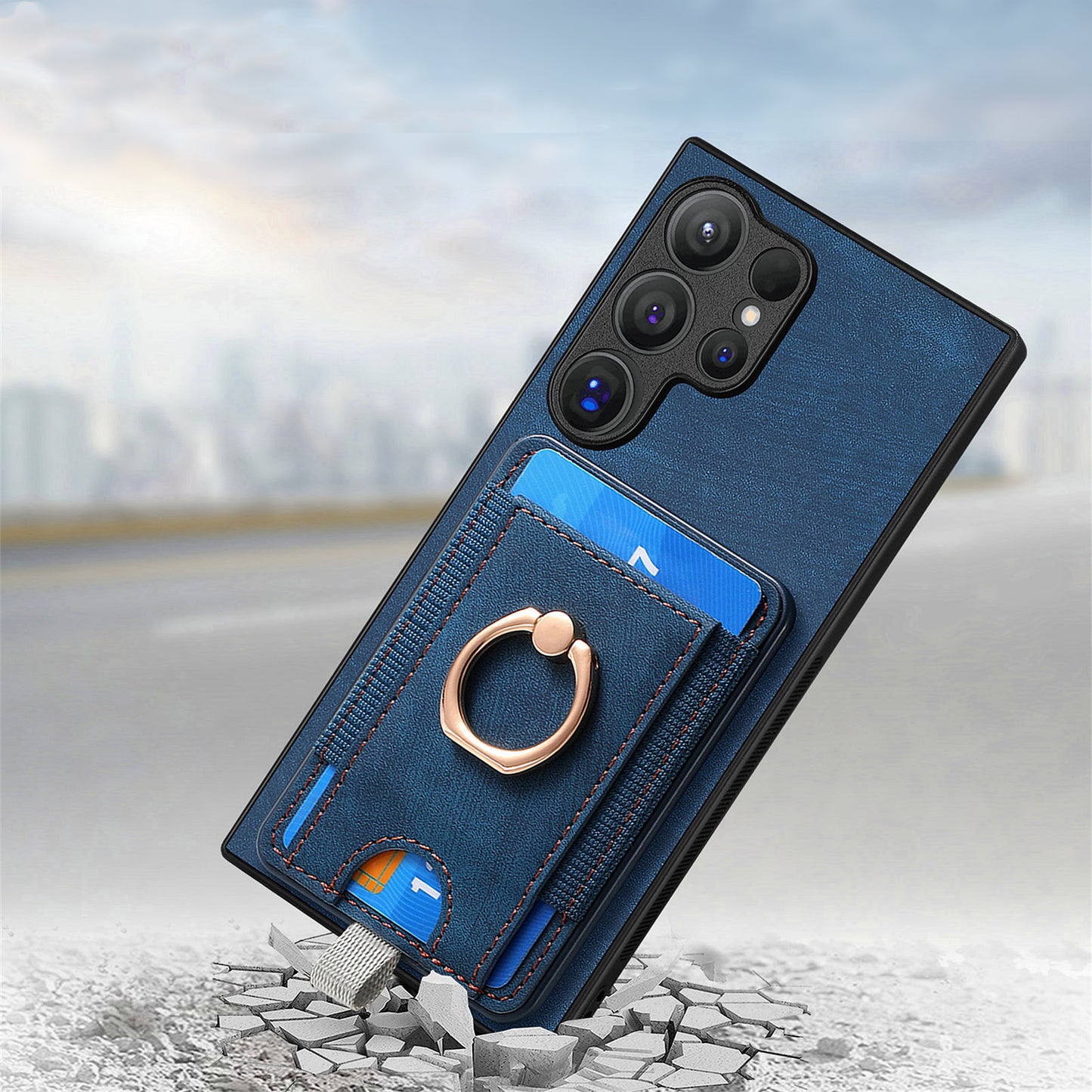 D7 For Samsung Galaxy S24 Ultra Case Ring Kickstand Phone Cover with Detachable Card Bag - Blue