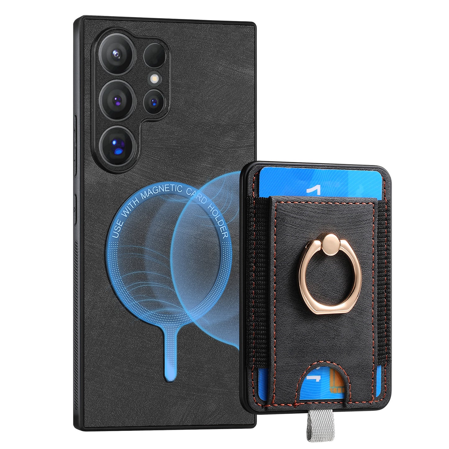 D7 For Samsung Galaxy S24 Ultra Case Ring Kickstand Phone Cover with Detachable Card Bag - Black