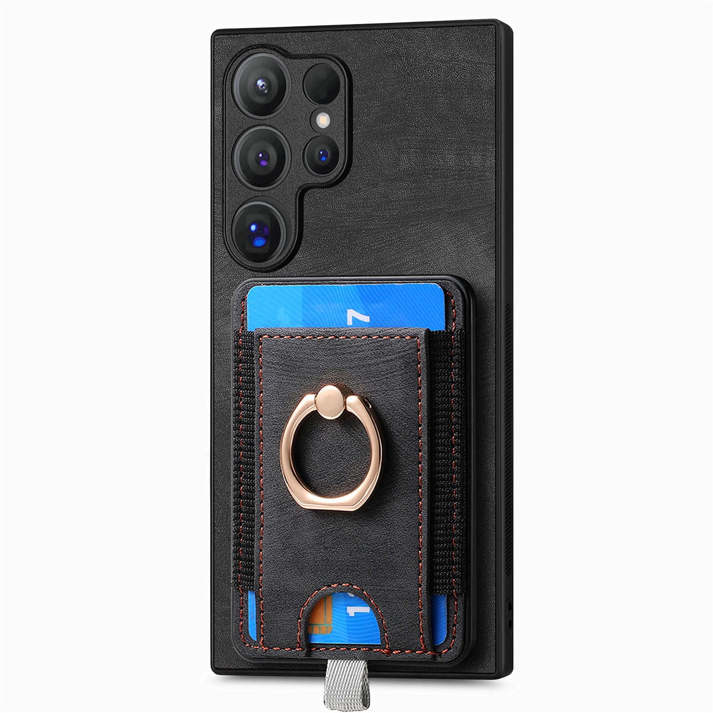 D7 For Samsung Galaxy S24 Ultra Case Ring Kickstand Phone Cover with Detachable Card Bag - Black