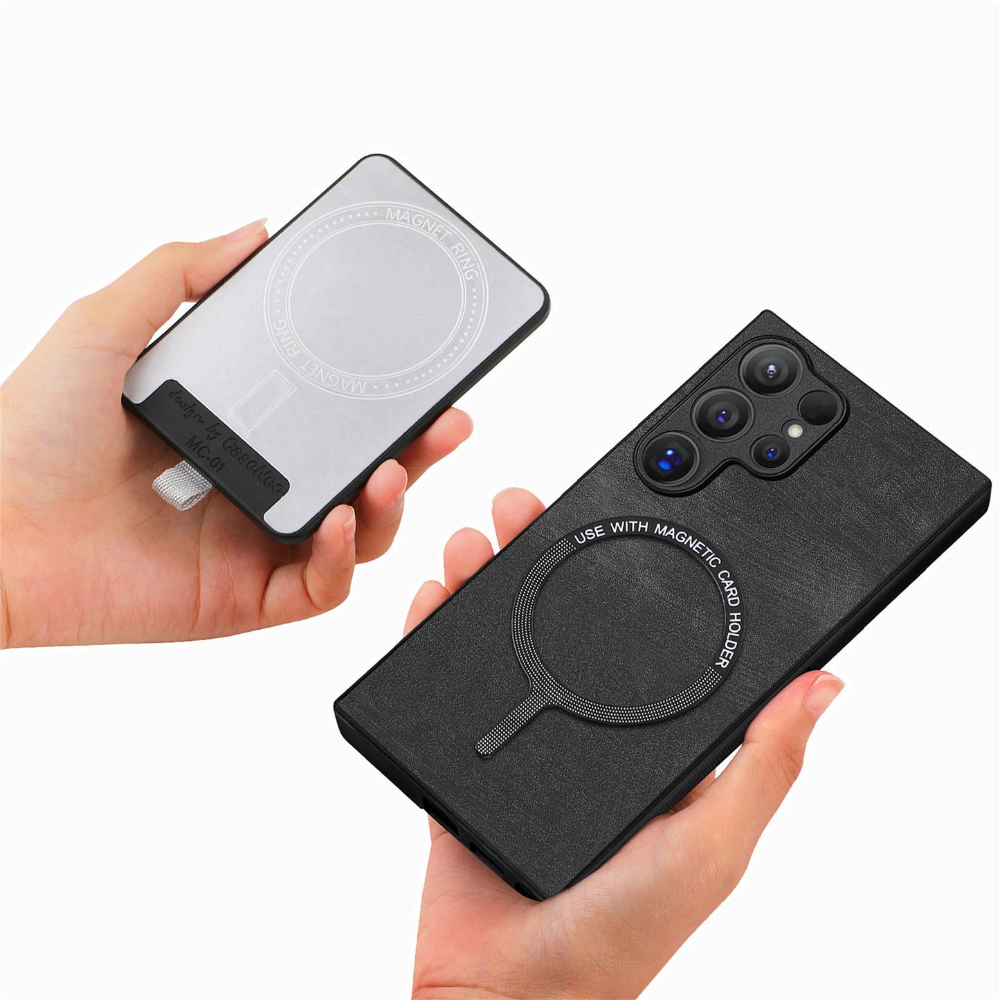 D7 For Samsung Galaxy S24 Ultra Case Ring Kickstand Phone Cover with Detachable Card Bag - Black