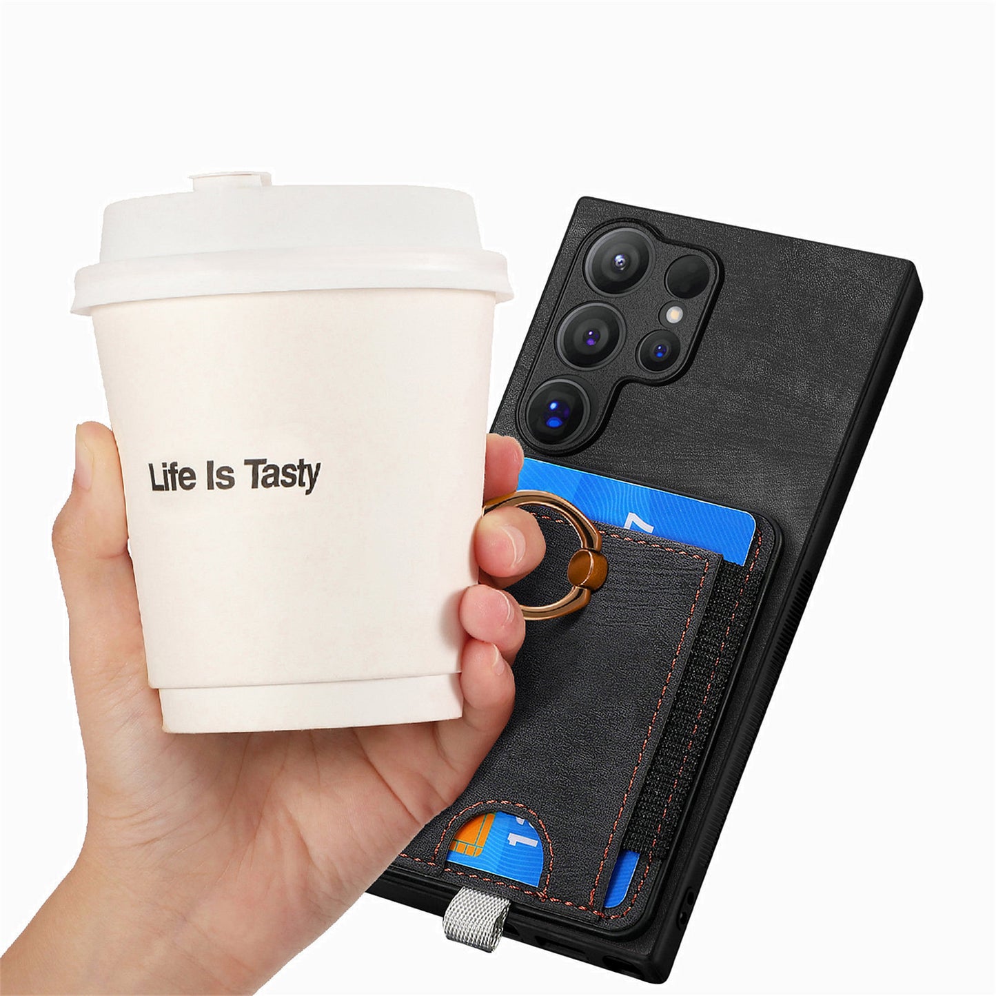 D7 For Samsung Galaxy S24 Ultra Case Ring Kickstand Phone Cover with Detachable Card Bag - Black
