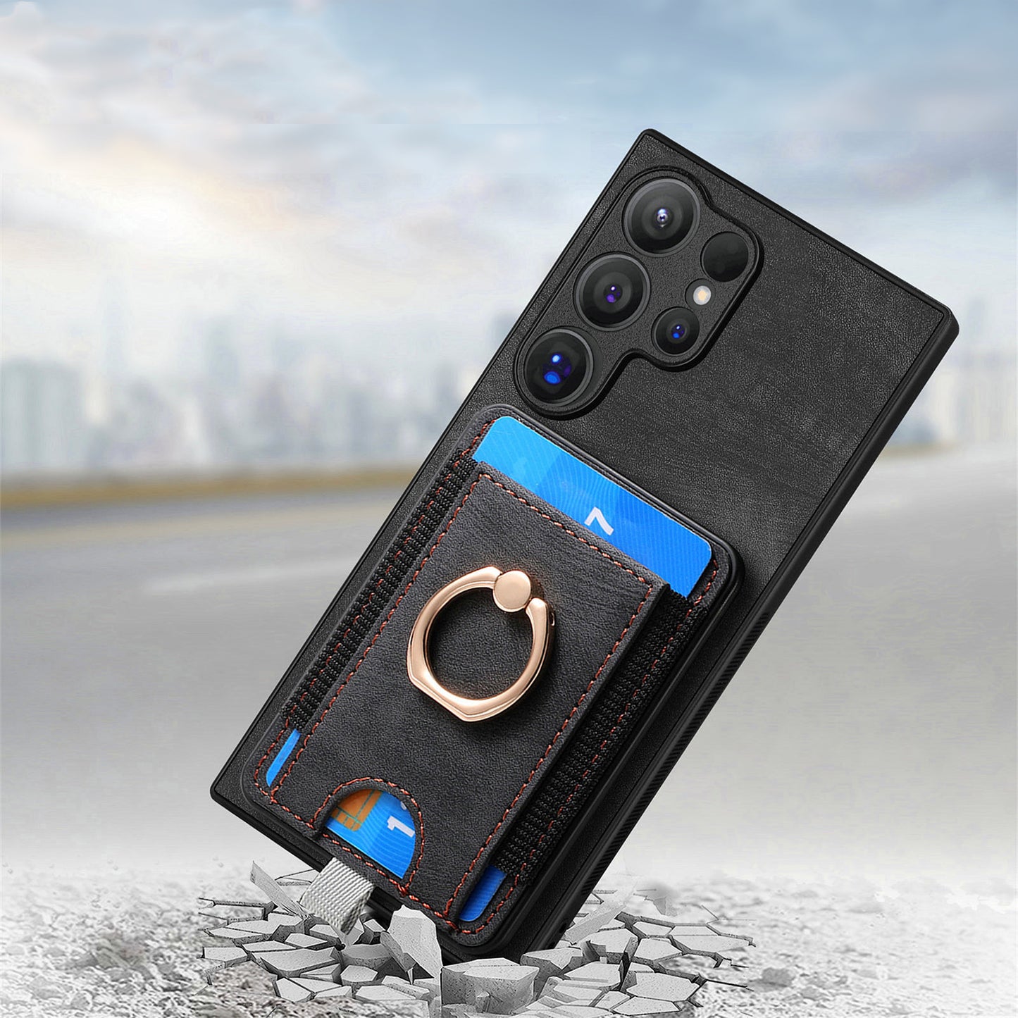 D7 For Samsung Galaxy S24 Ultra Case Ring Kickstand Phone Cover with Detachable Card Bag - Black