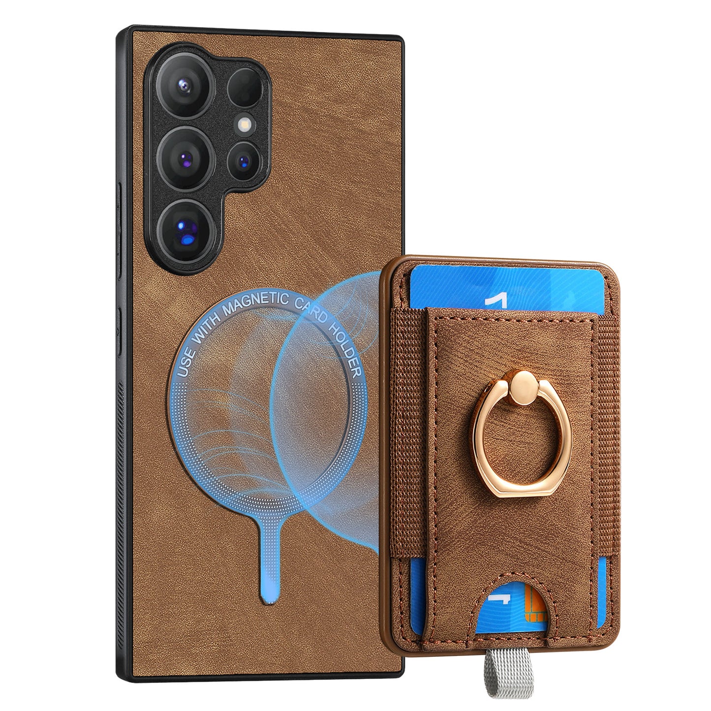 D7 For Samsung Galaxy S24 Ultra Case Ring Kickstand Phone Cover with Detachable Card Bag - Brown
