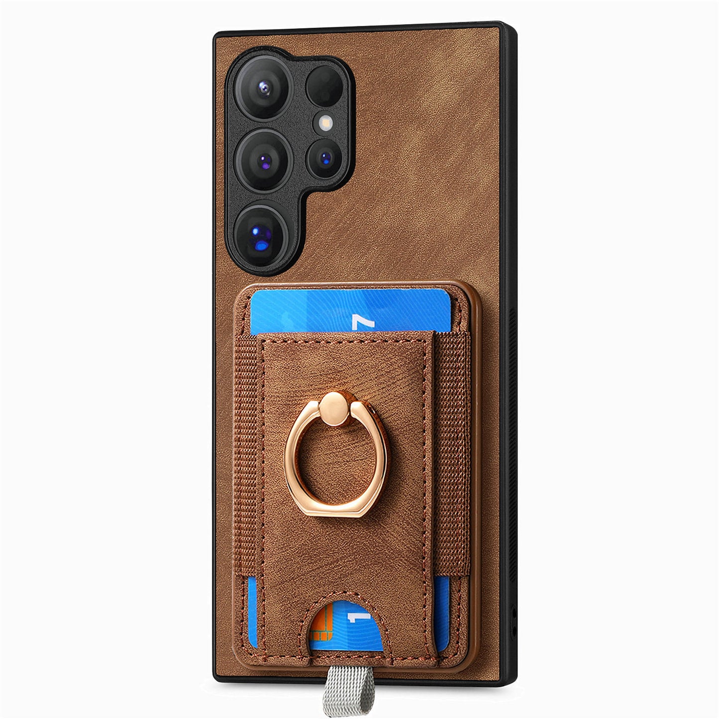 D7 For Samsung Galaxy S24 Ultra Case Ring Kickstand Phone Cover with Detachable Card Bag - Brown