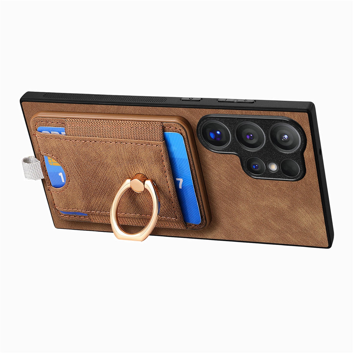 D7 For Samsung Galaxy S24 Ultra Case Ring Kickstand Phone Cover with Detachable Card Bag - Brown