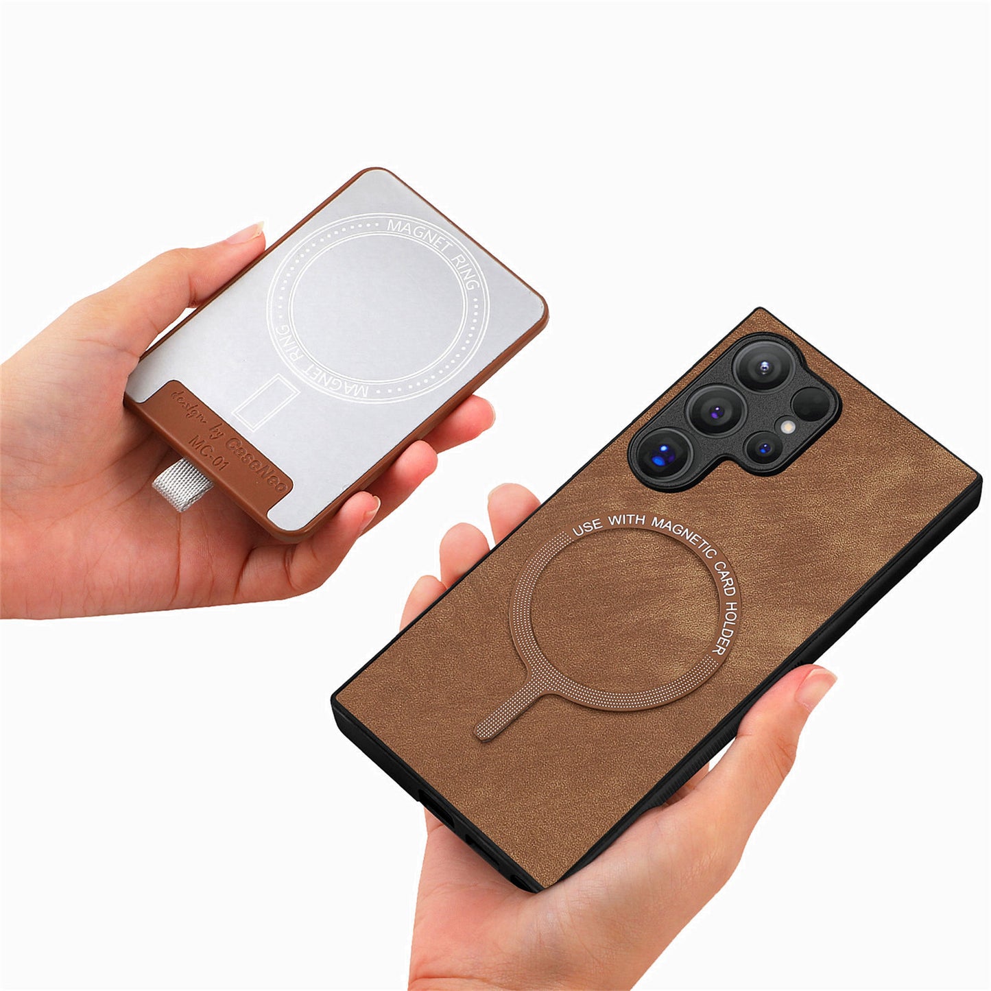 D7 For Samsung Galaxy S24 Ultra Case Ring Kickstand Phone Cover with Detachable Card Bag - Brown