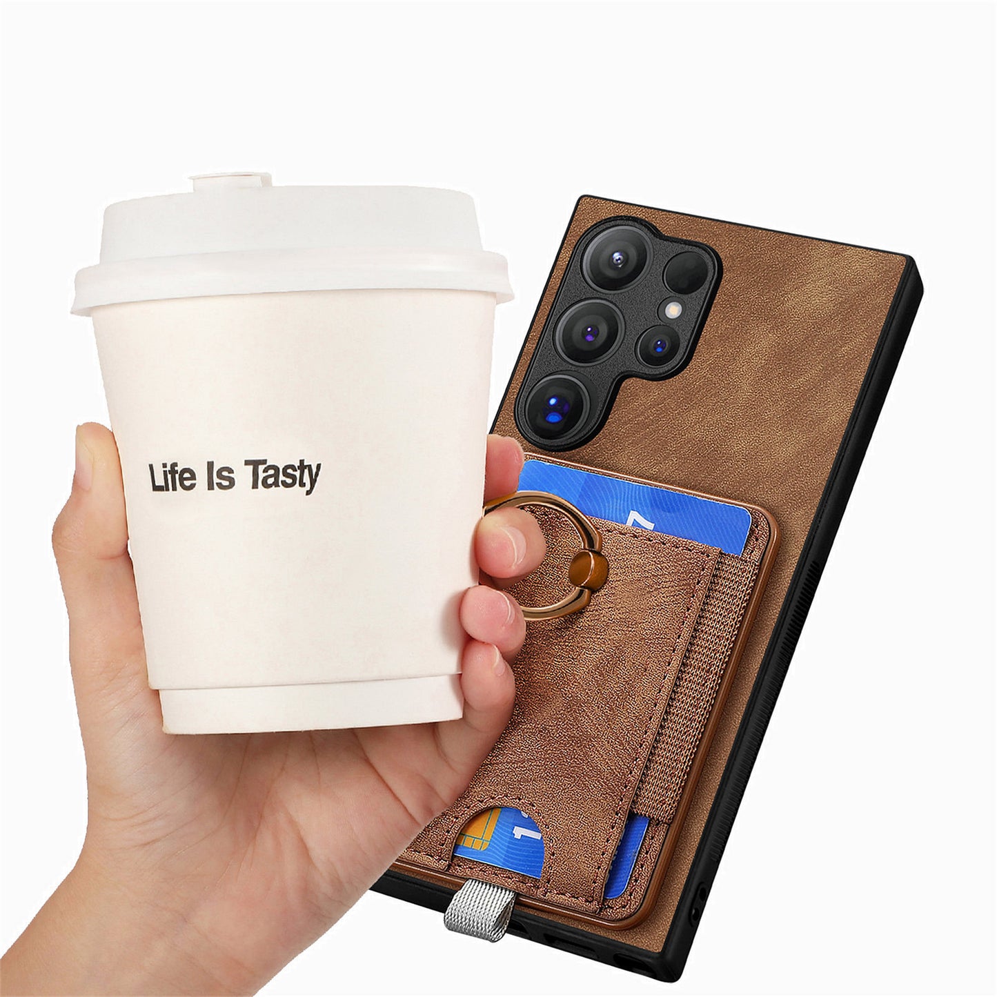 D7 For Samsung Galaxy S24 Ultra Case Ring Kickstand Phone Cover with Detachable Card Bag - Brown