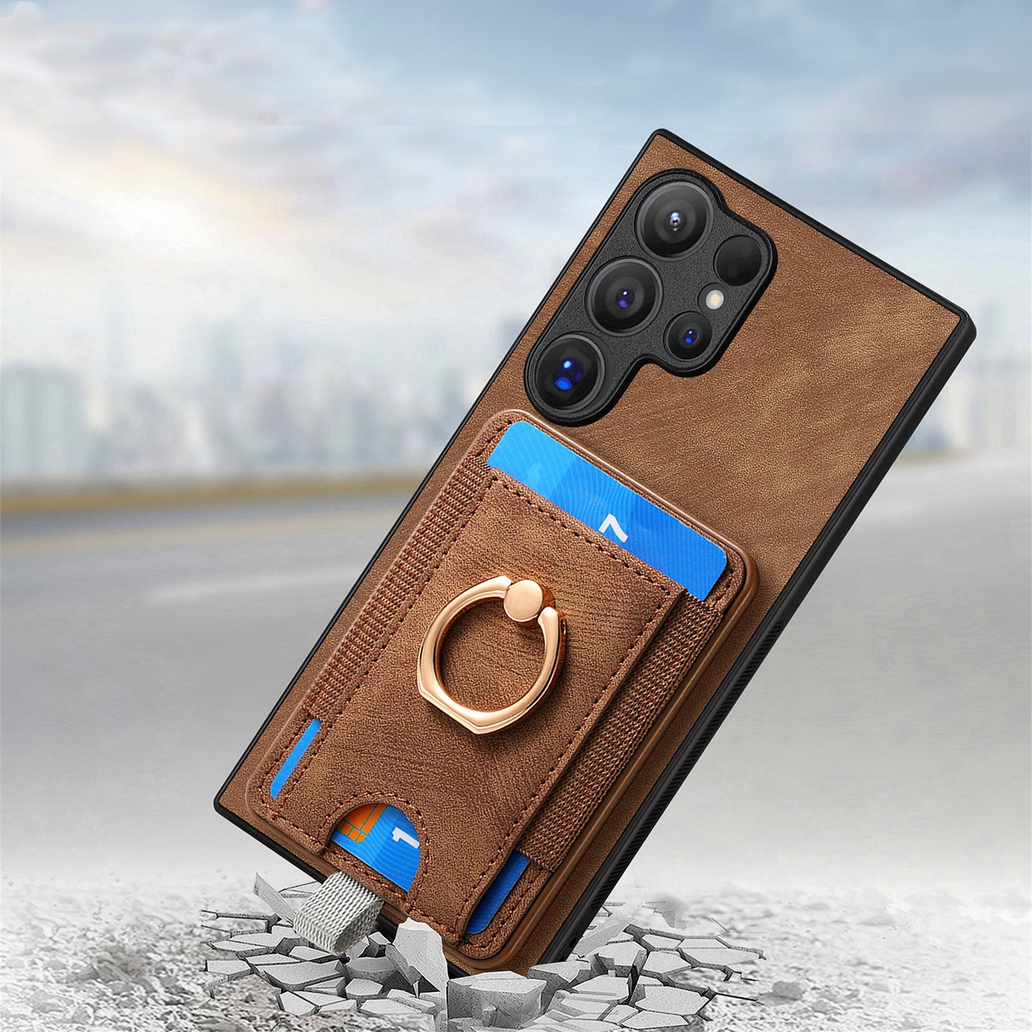 D7 For Samsung Galaxy S24 Ultra Case Ring Kickstand Phone Cover with Detachable Card Bag - Brown