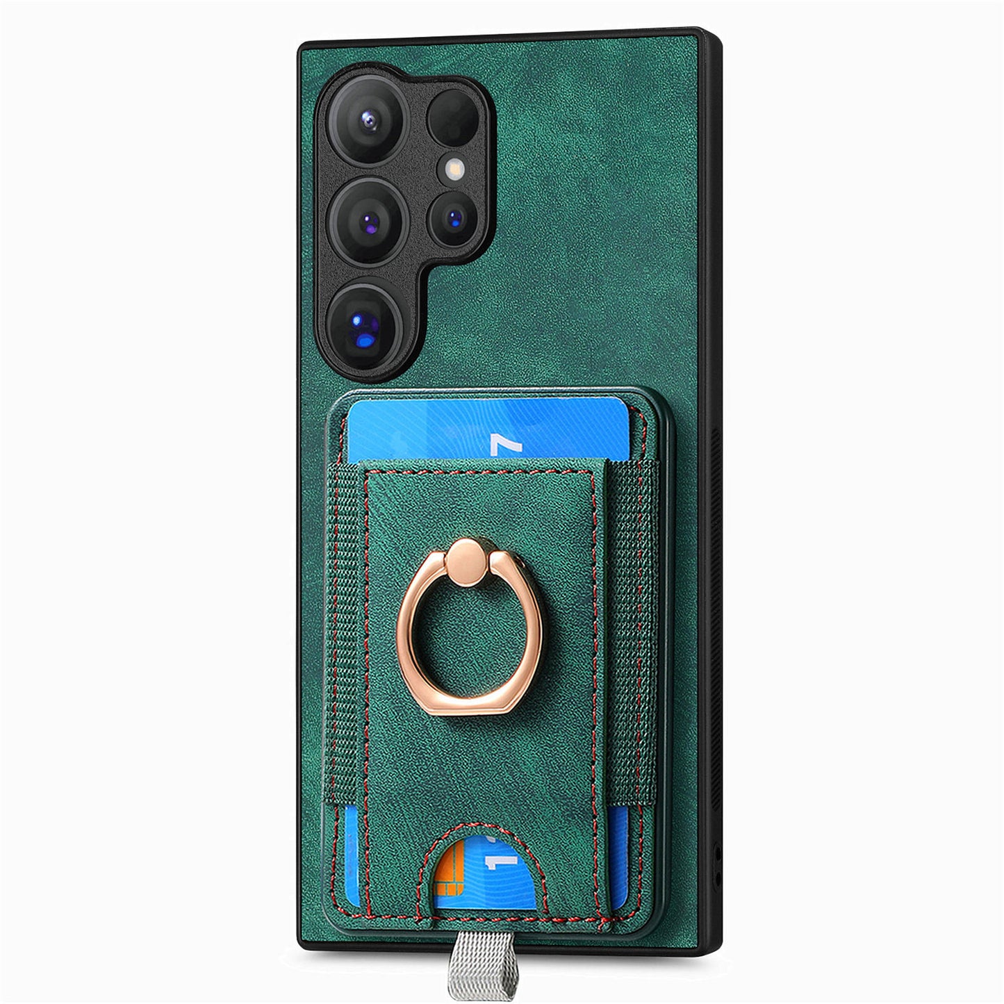 D7 For Samsung Galaxy S24 Ultra Case Ring Kickstand Phone Cover with Detachable Card Bag - Green