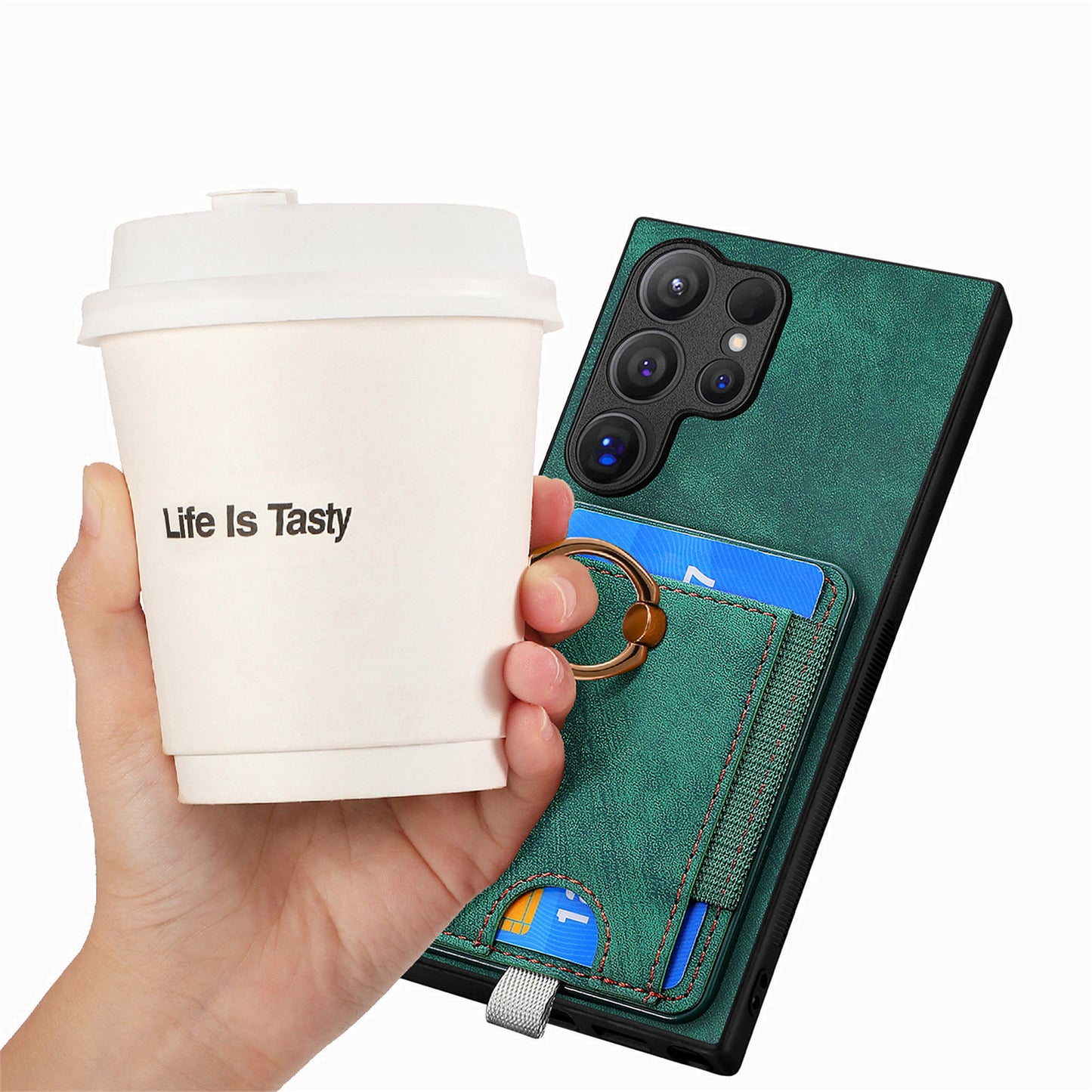 D7 For Samsung Galaxy S24 Ultra Case Ring Kickstand Phone Cover with Detachable Card Bag - Green