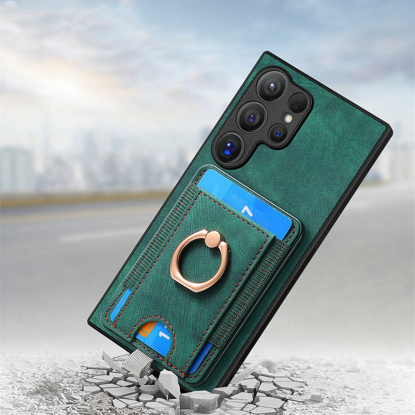 D7 For Samsung Galaxy S24 Ultra Case Ring Kickstand Phone Cover with Detachable Card Bag - Green