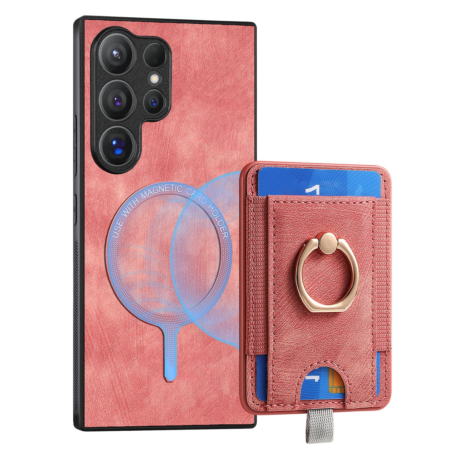 D7 For Samsung Galaxy S24 Ultra Case Ring Kickstand Phone Cover with Detachable Card Bag - Pink