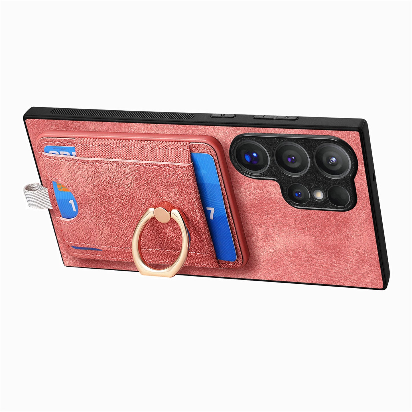D7 For Samsung Galaxy S24 Ultra Case Ring Kickstand Phone Cover with Detachable Card Bag - Pink