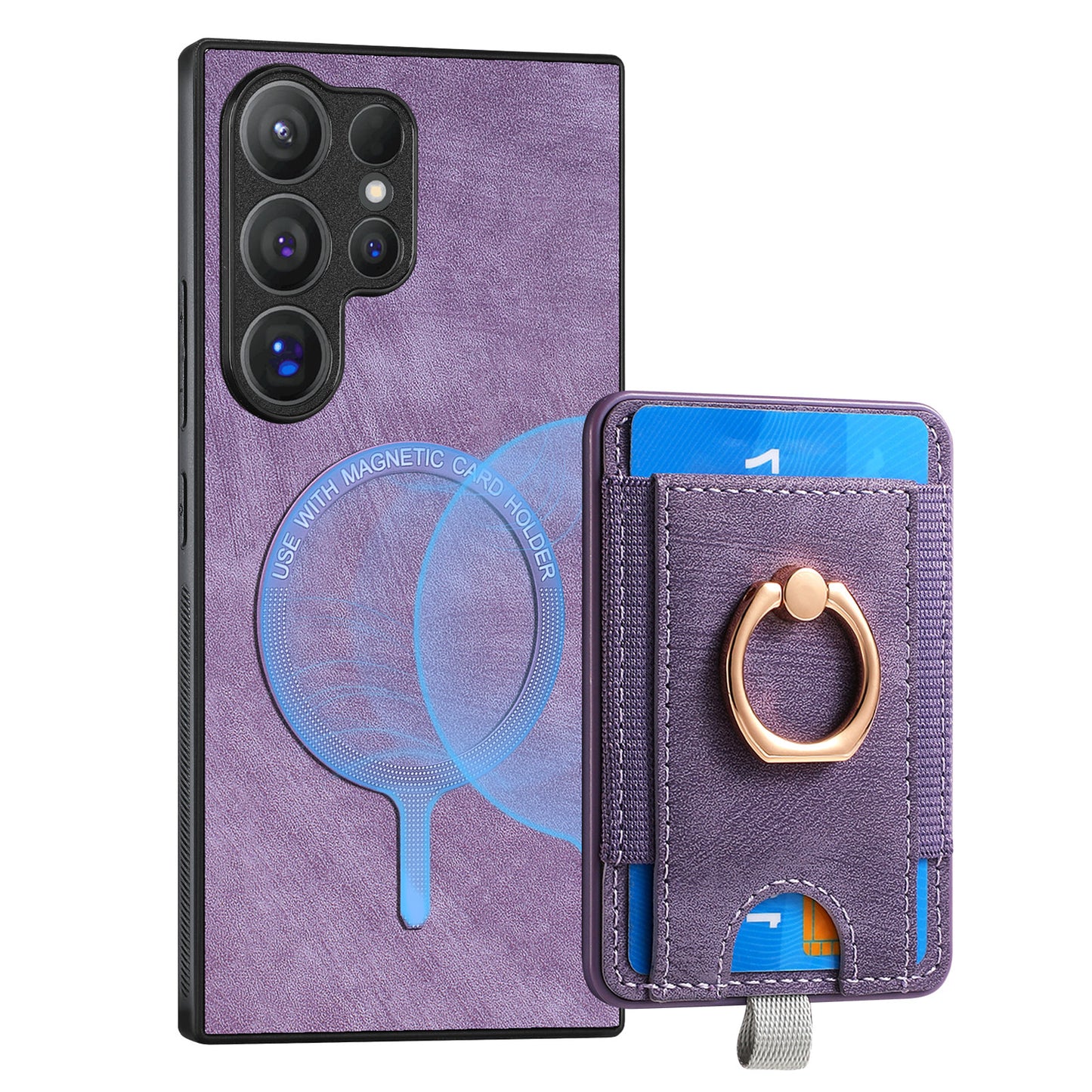 D7 For Samsung Galaxy S24 Ultra Case Ring Kickstand Phone Cover with Detachable Card Bag - Purple