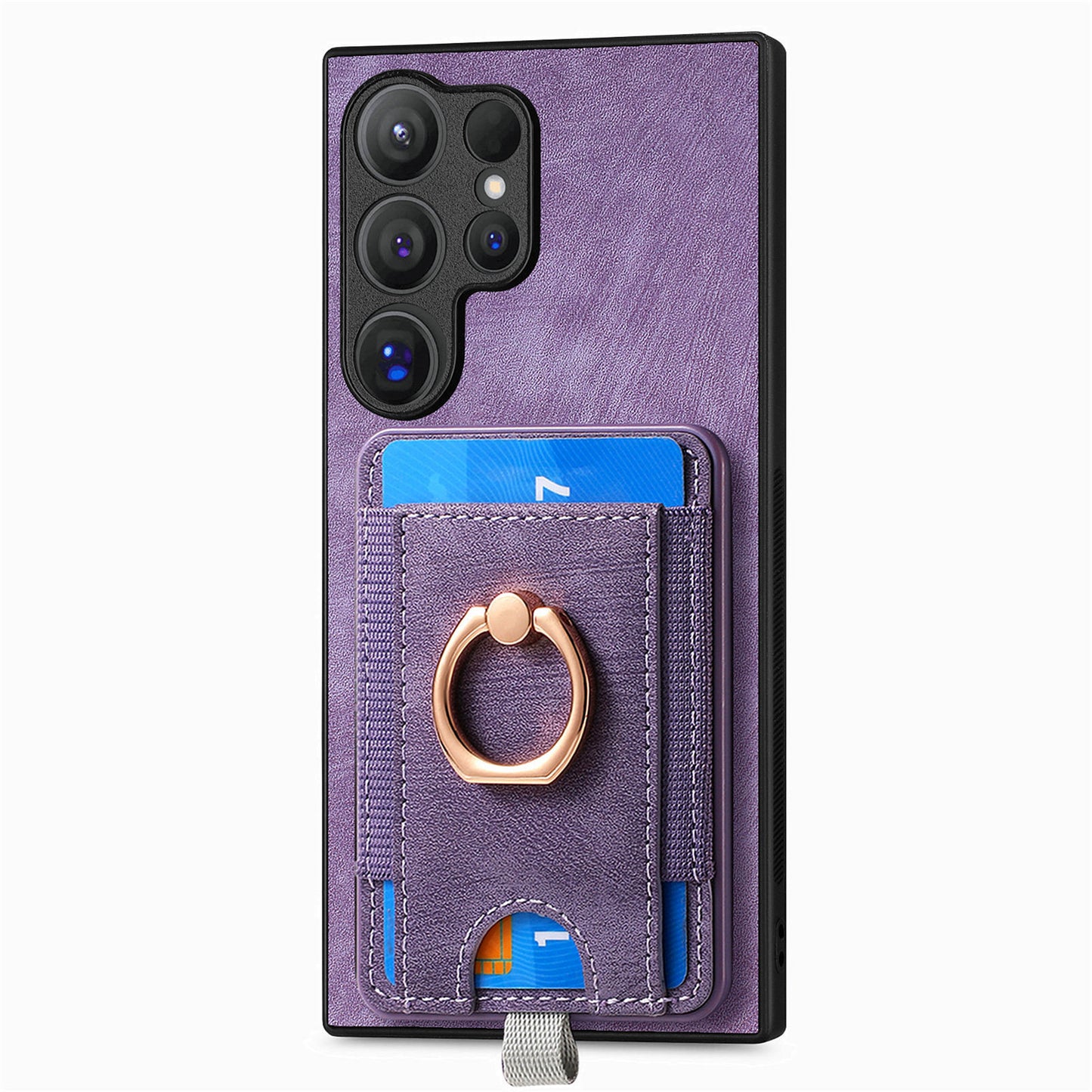 D7 For Samsung Galaxy S24 Ultra Case Ring Kickstand Phone Cover with Detachable Card Bag - Purple