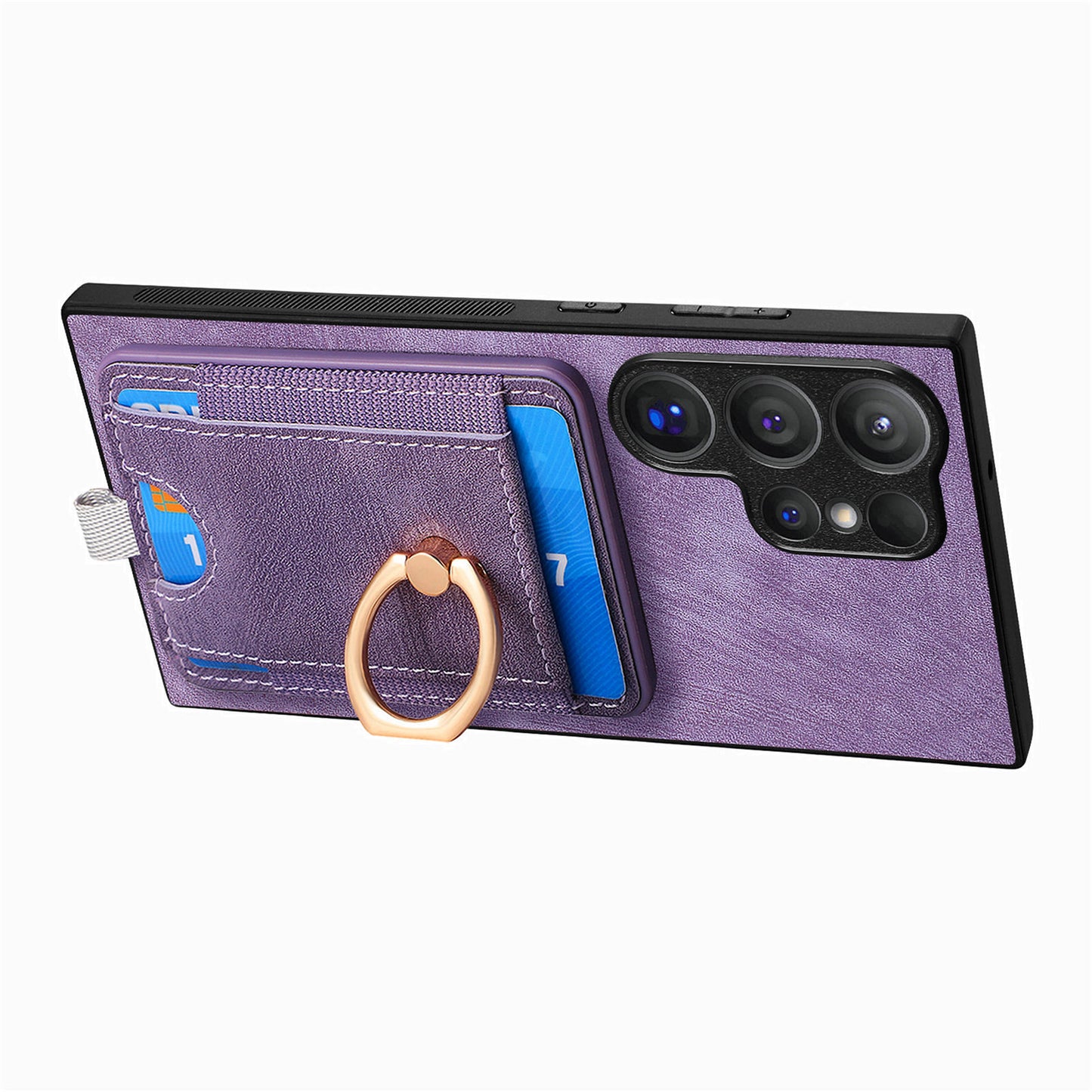 D7 For Samsung Galaxy S24 Ultra Case Ring Kickstand Phone Cover with Detachable Card Bag - Purple