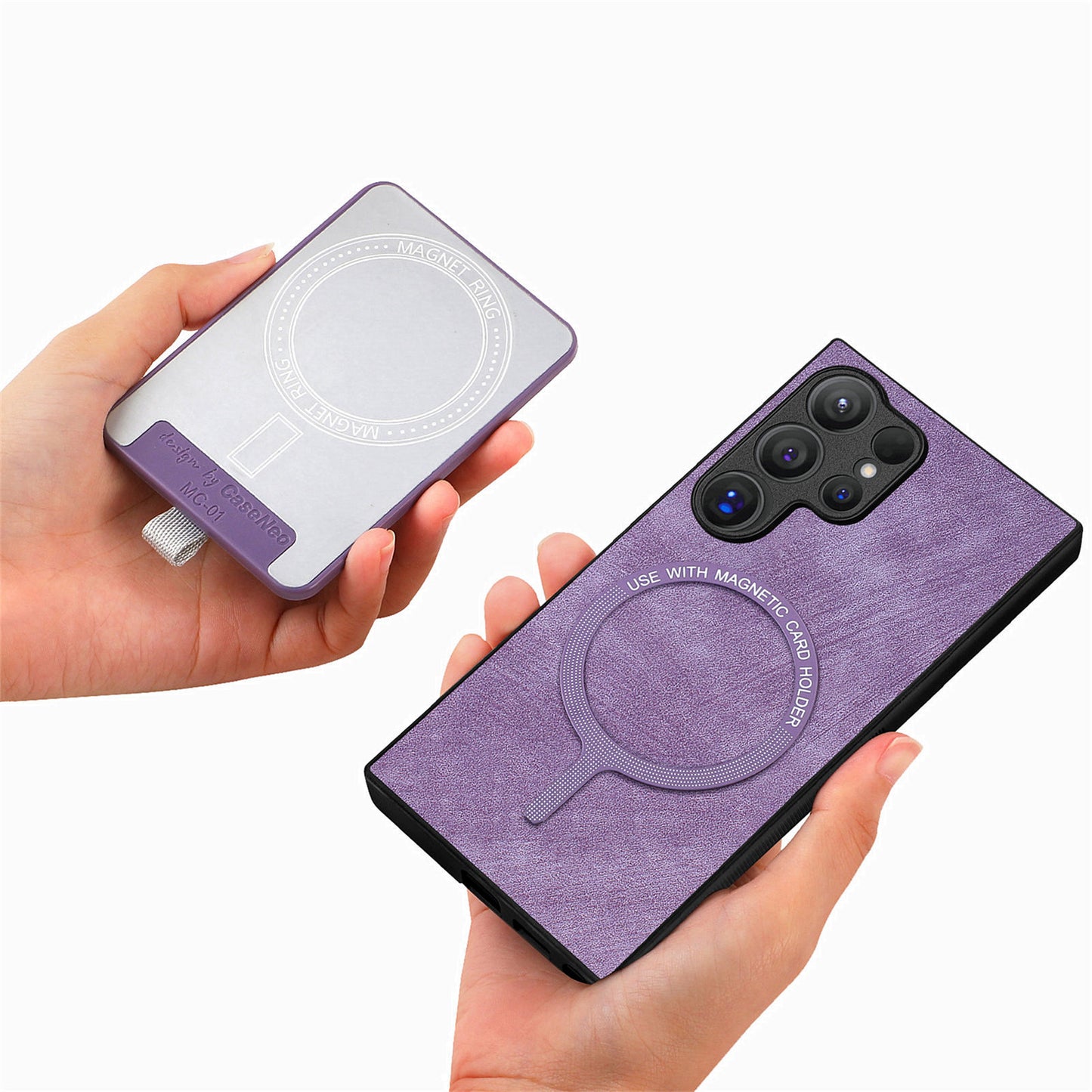 D7 For Samsung Galaxy S24 Ultra Case Ring Kickstand Phone Cover with Detachable Card Bag - Purple