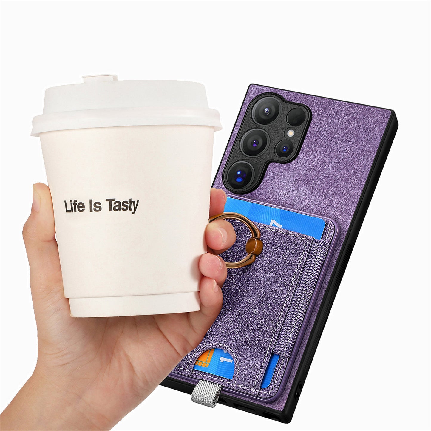D7 For Samsung Galaxy S24 Ultra Case Ring Kickstand Phone Cover with Detachable Card Bag - Purple