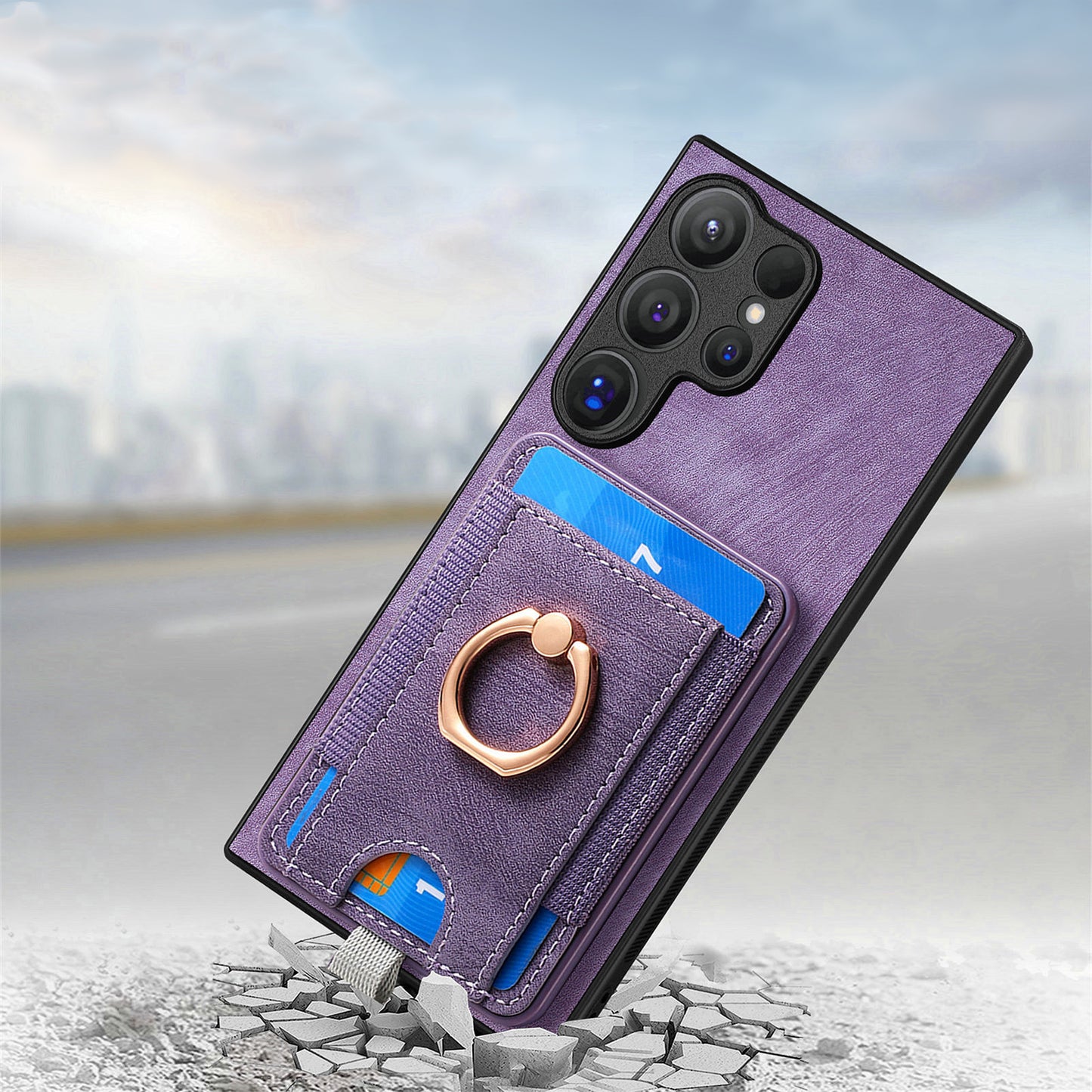 D7 For Samsung Galaxy S24 Ultra Case Ring Kickstand Phone Cover with Detachable Card Bag - Purple
