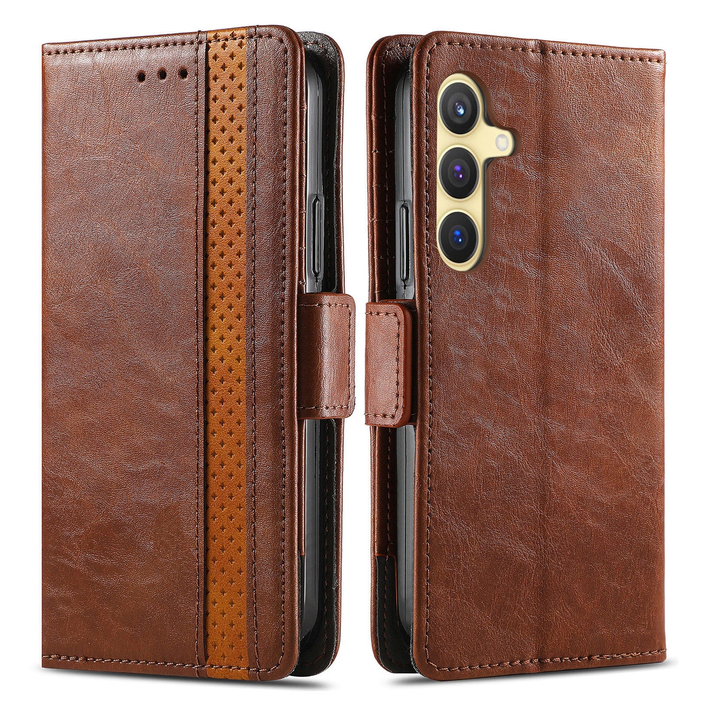 CASENEO 002 Series For Samsung Galaxy S24 Case RFID Blocking Splicing Wallet Phone Cover - Dark Brown