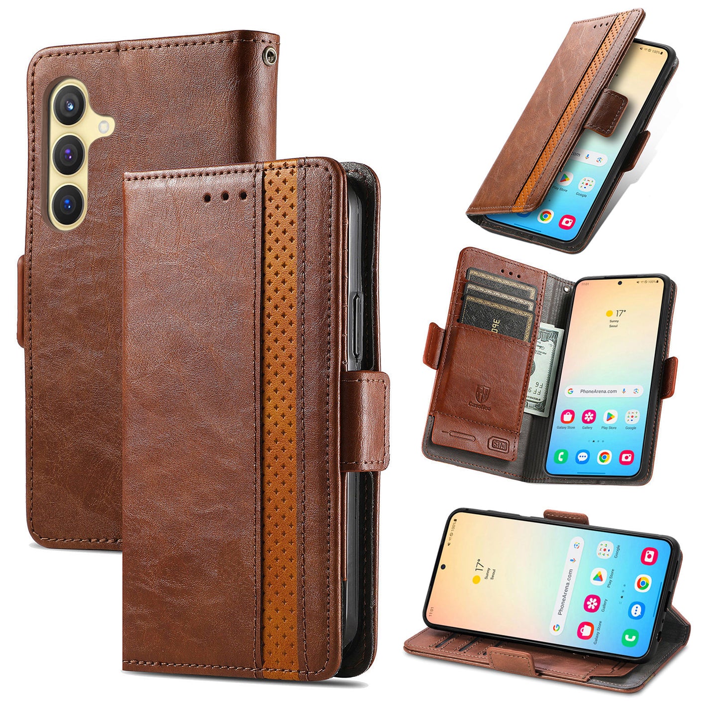 CASENEO 002 Series For Samsung Galaxy S24 Case RFID Blocking Splicing Wallet Phone Cover - Dark Brown