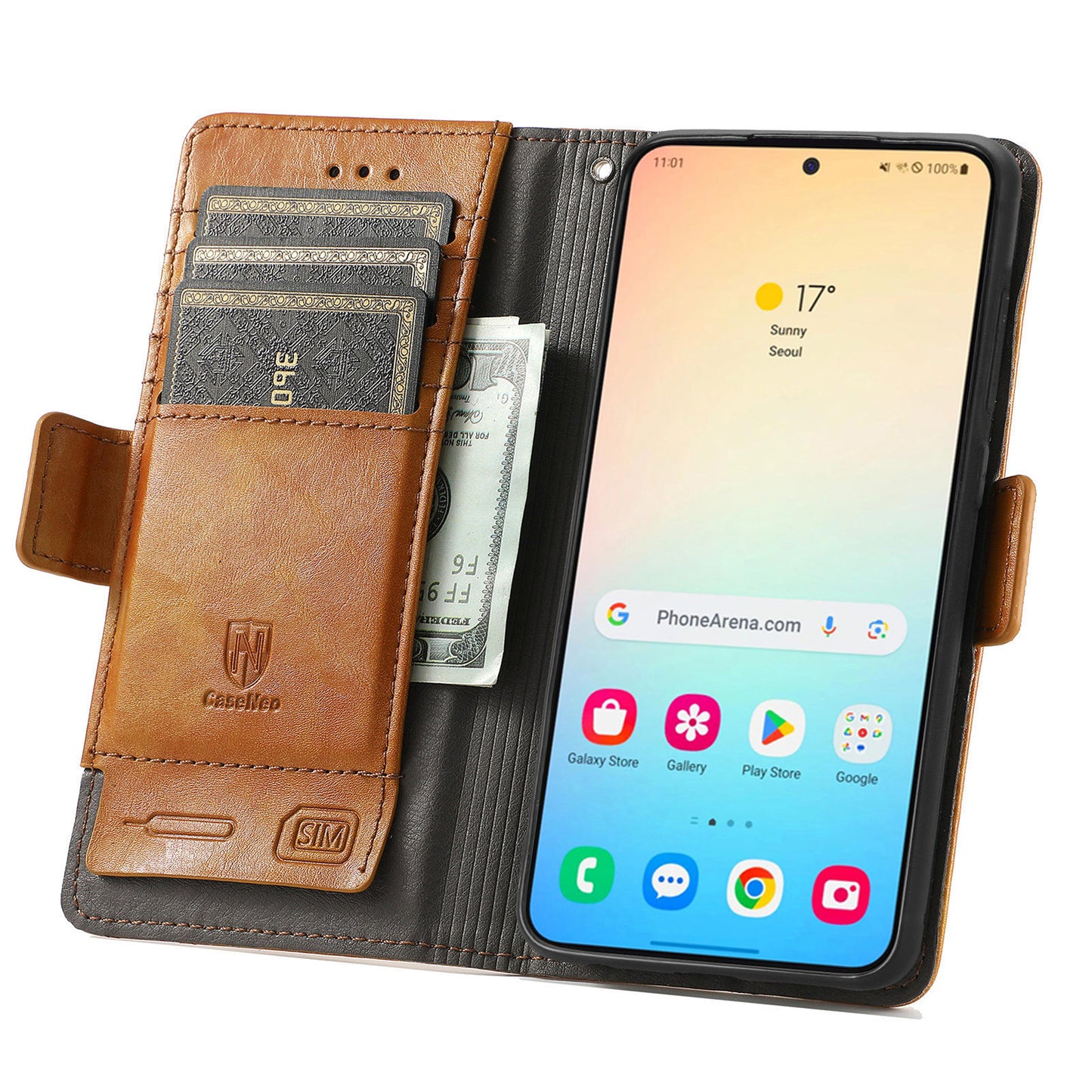 CASENEO 002 Series For Samsung Galaxy S24 Case RFID Blocking Splicing Wallet Phone Cover - Light Brown