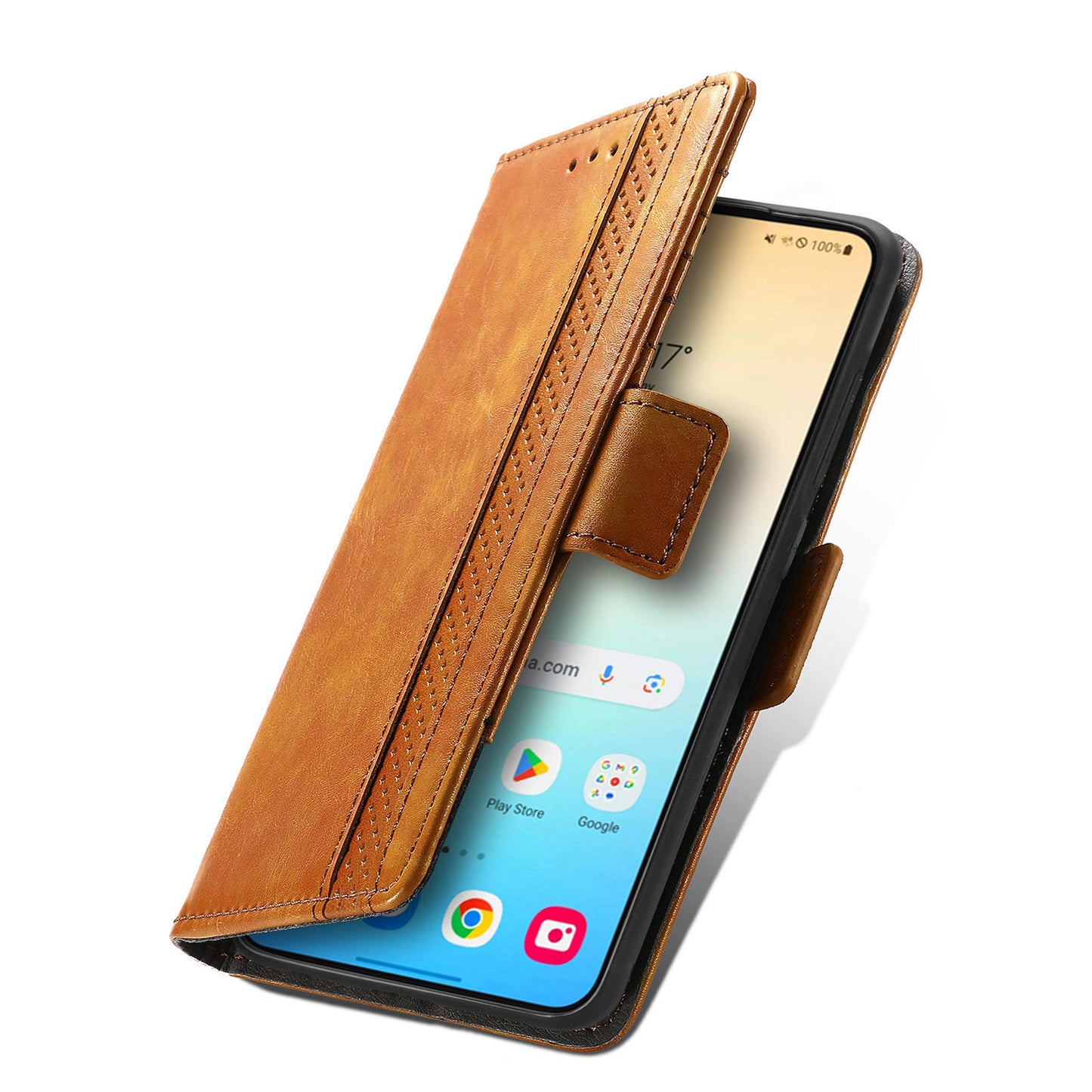 CASENEO 002 Series For Samsung Galaxy S24 Case RFID Blocking Splicing Wallet Phone Cover - Light Brown