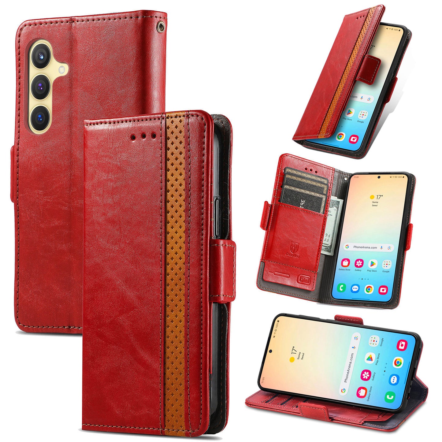 CASENEO 002 Series For Samsung Galaxy S24 Case RFID Blocking Splicing Wallet Phone Cover - Red