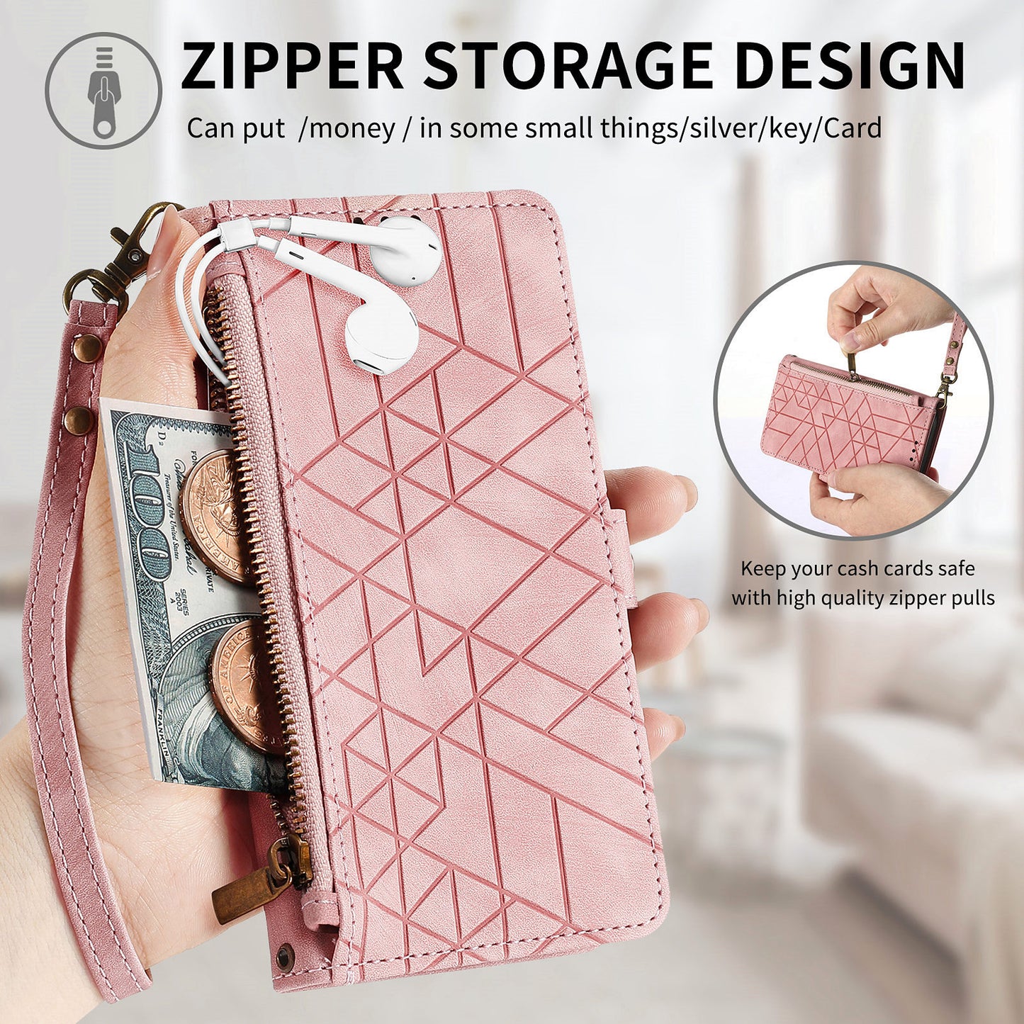 For Samsung Galaxy S24+ Leather Case Geometry Pattern Phone Wallet Cover - Pink