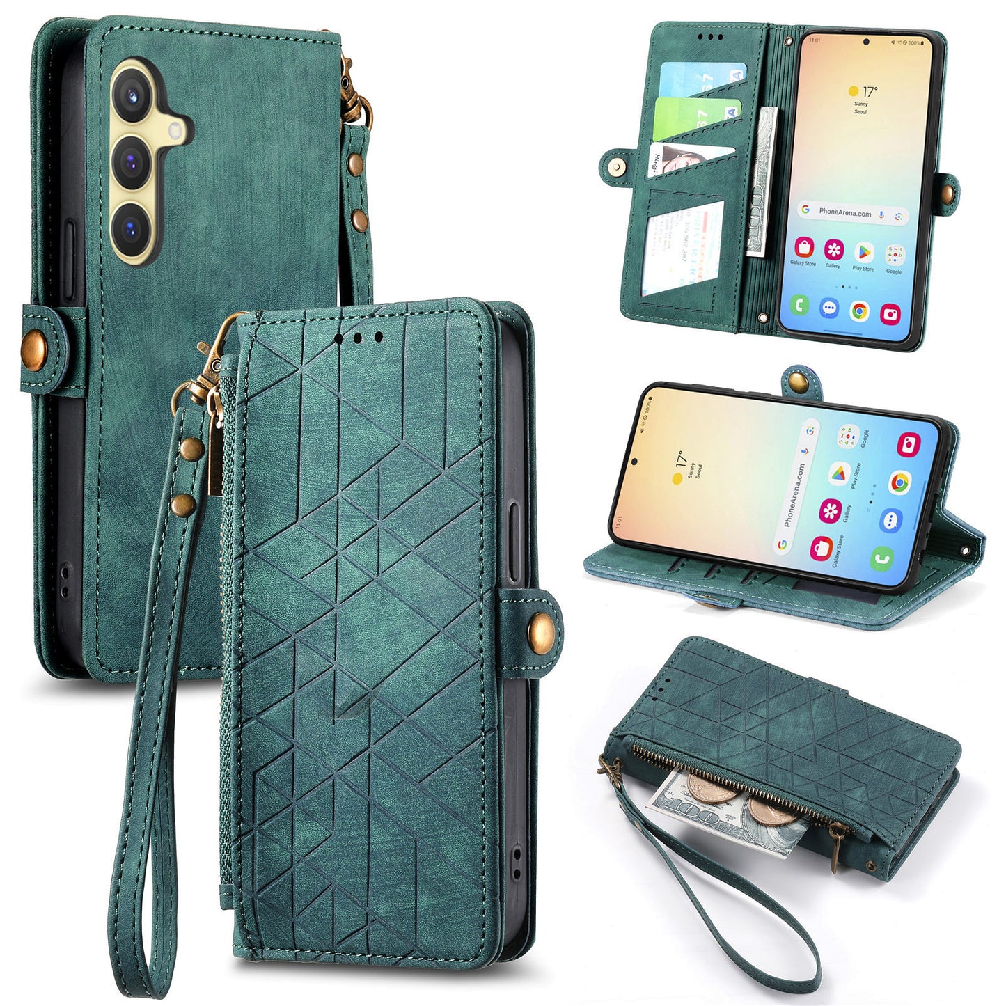 For Samsung Galaxy S24+ Leather Case Geometry Pattern Phone Wallet Cover - Green